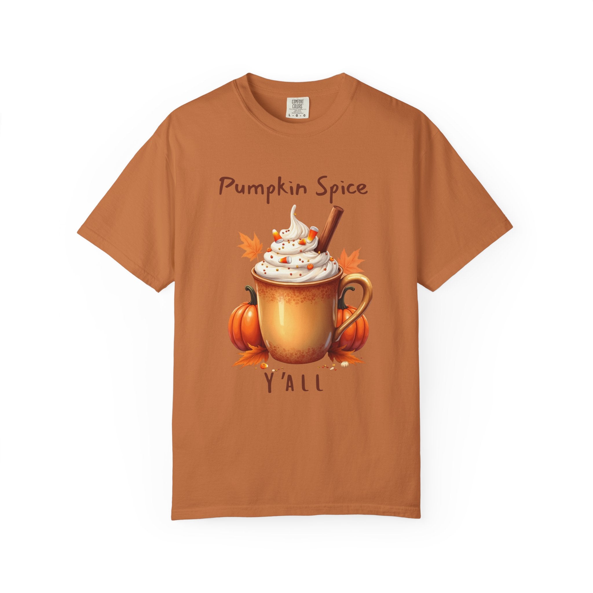 Pumpkin Spice Y'all-  shows a mug with whipped cream, a cinnamon stick, candy corn, pumpkins, and autumn leaves