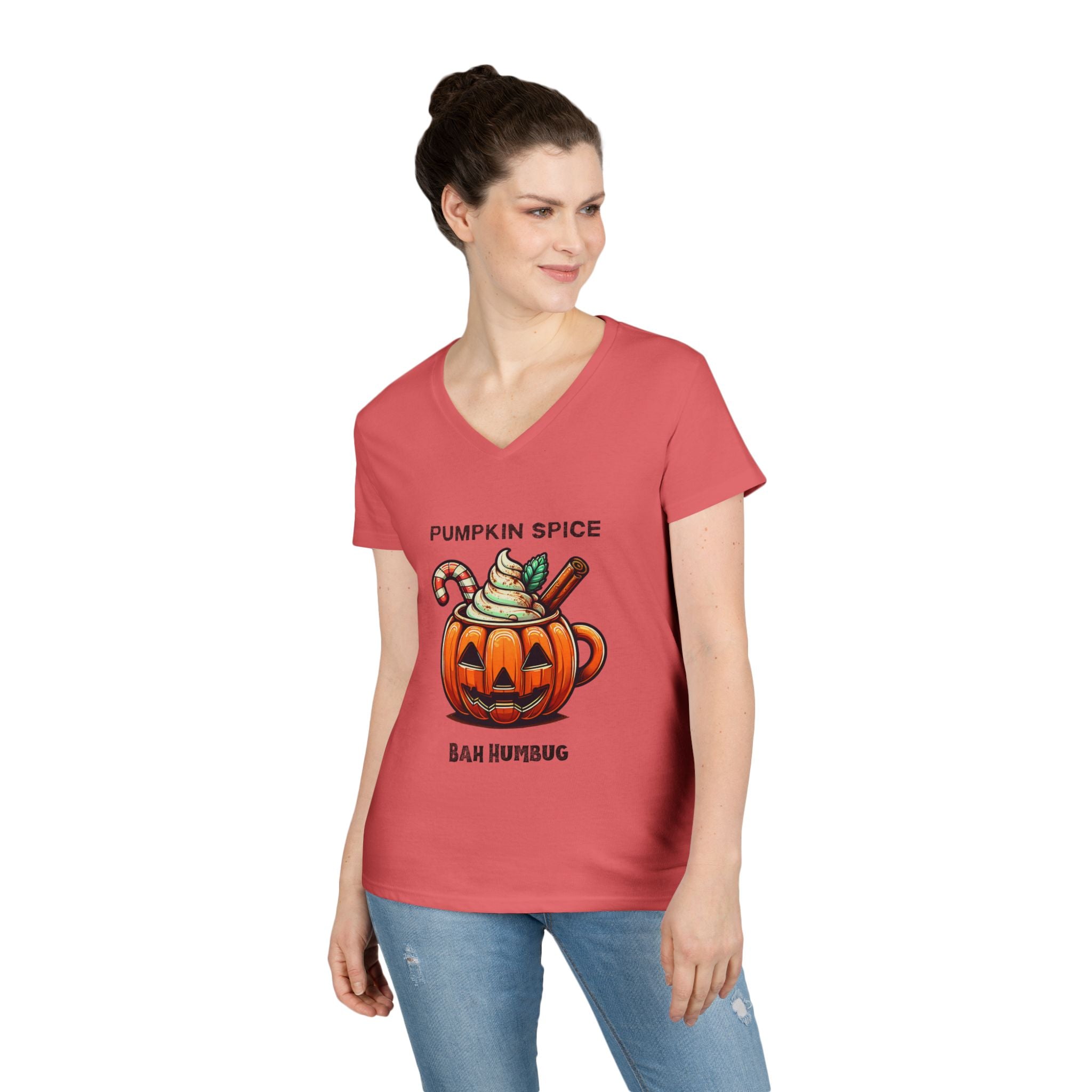 V-Neck T-Shirt Halloween Mug with Pumpkin Spice Bah Humbug