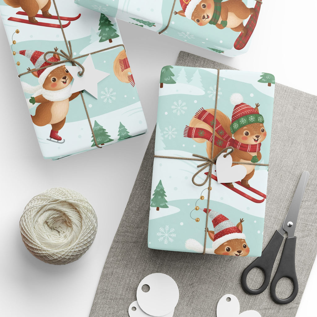 Christmas Squirrel Wrapping Paper - Cute Holiday Gift Wrap with Sledding Squirrels