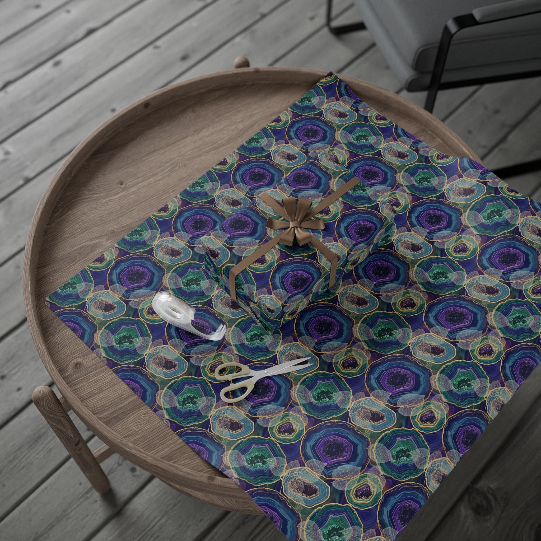 Agate Swirl Wrapping Paper — Blue & Teal Geode Gift Wrap with Leaves