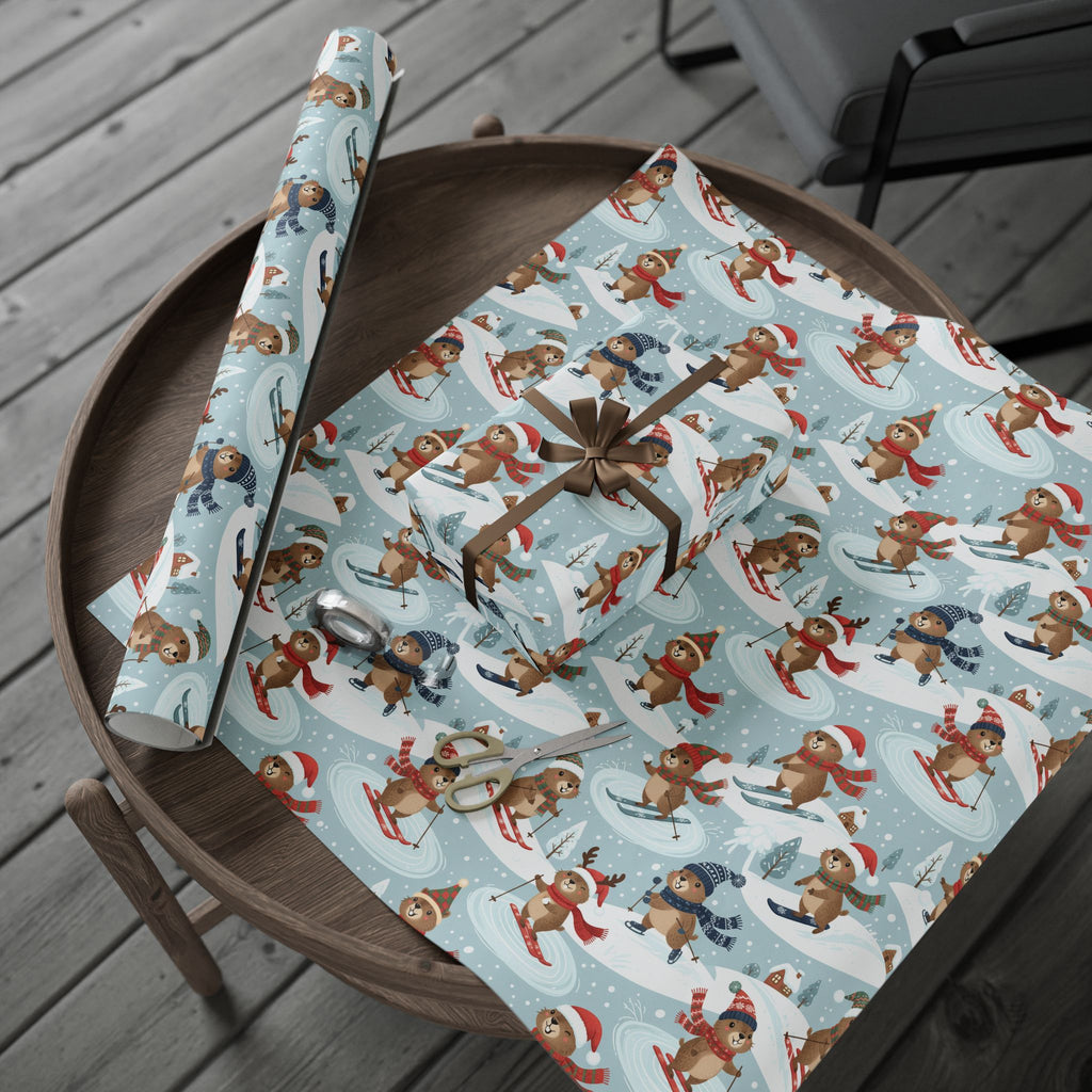 Christmas Groundhog Skiing Wrapping Paper — Cute Winter Holiday Gift Wrap