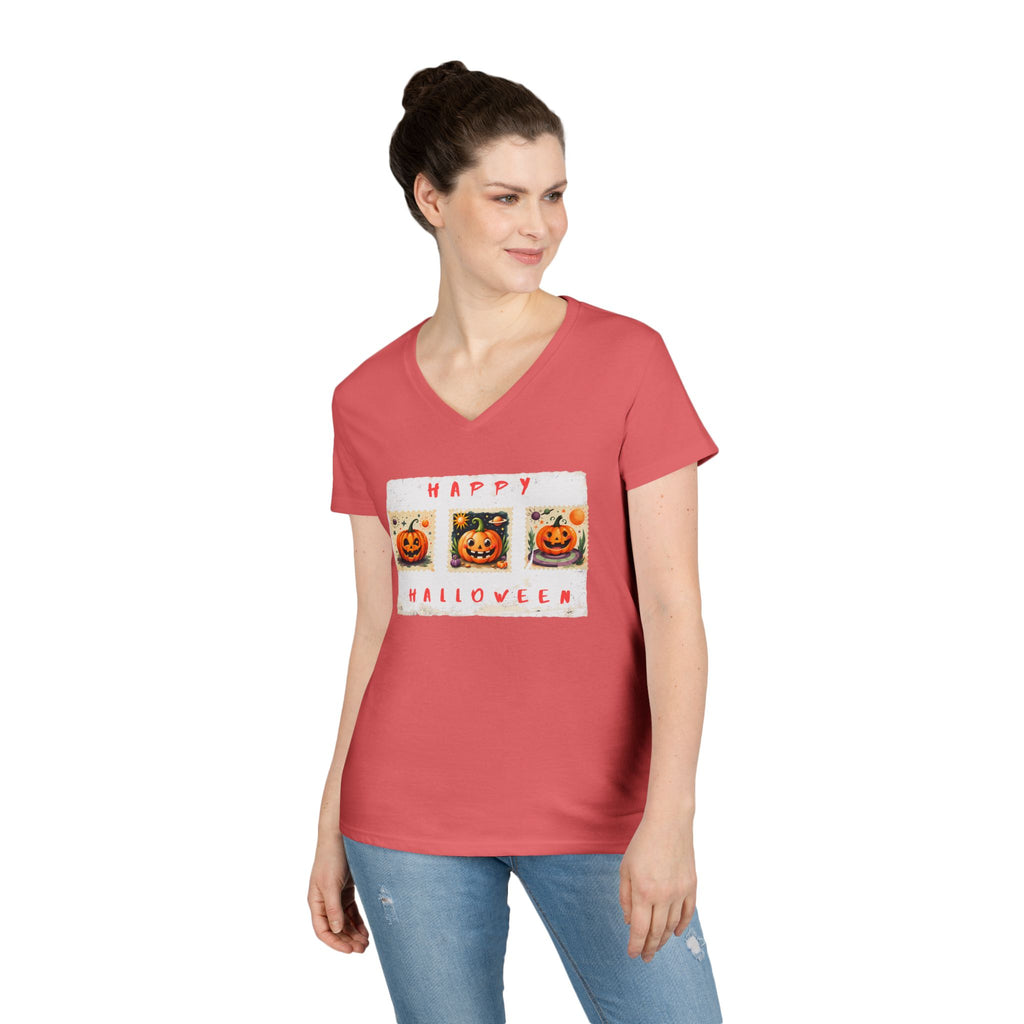 Halloween V-Neck T-Shirt, Fun Fall Fashion, Pumpkin Tee, Spooky Season Apparel, Cute Casual Halloween Shirt