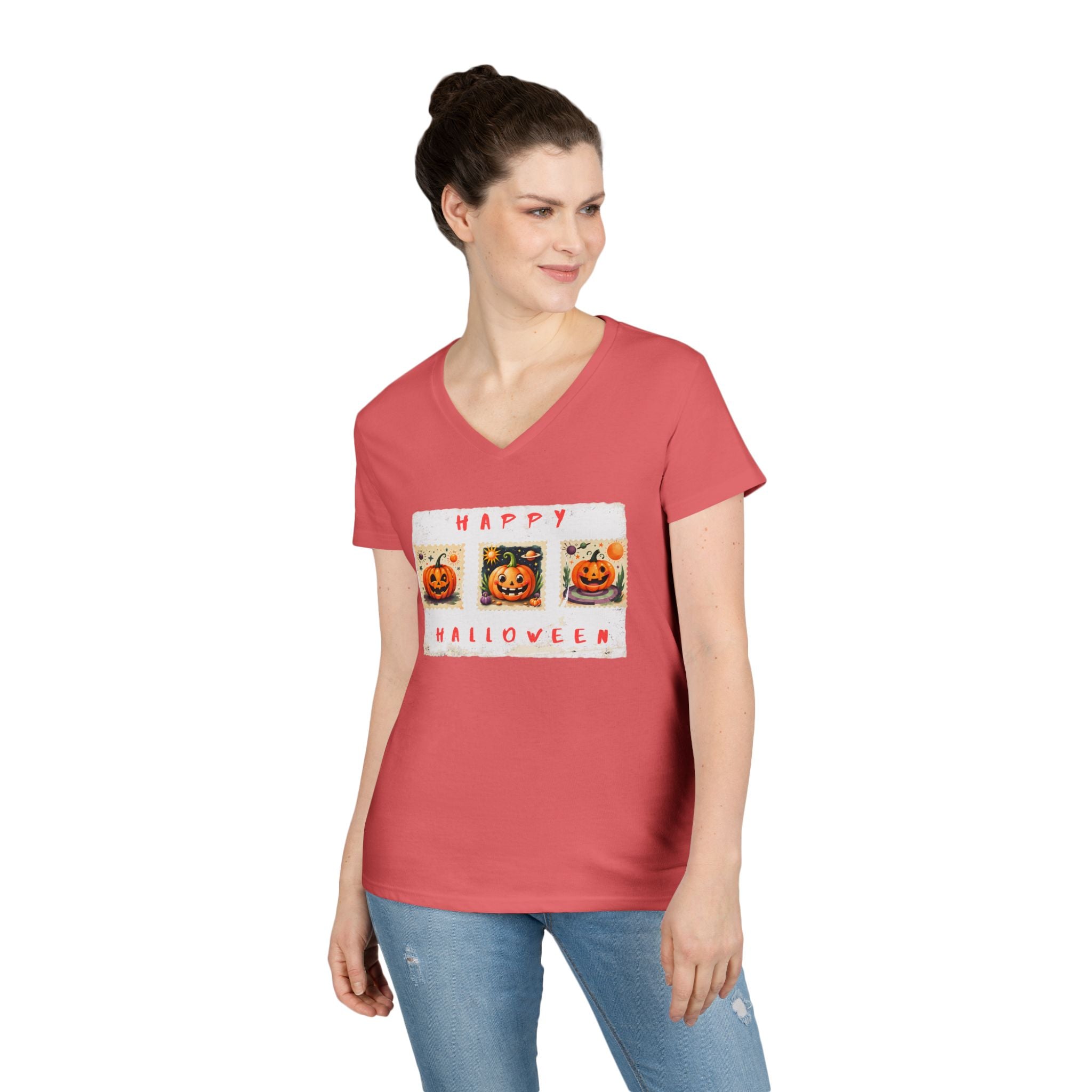 Halloween V-Neck T-Shirt, Fun Fall Fashion, Pumpkin Tee, Spooky Season Apparel, Cute Casual Halloween Shirt