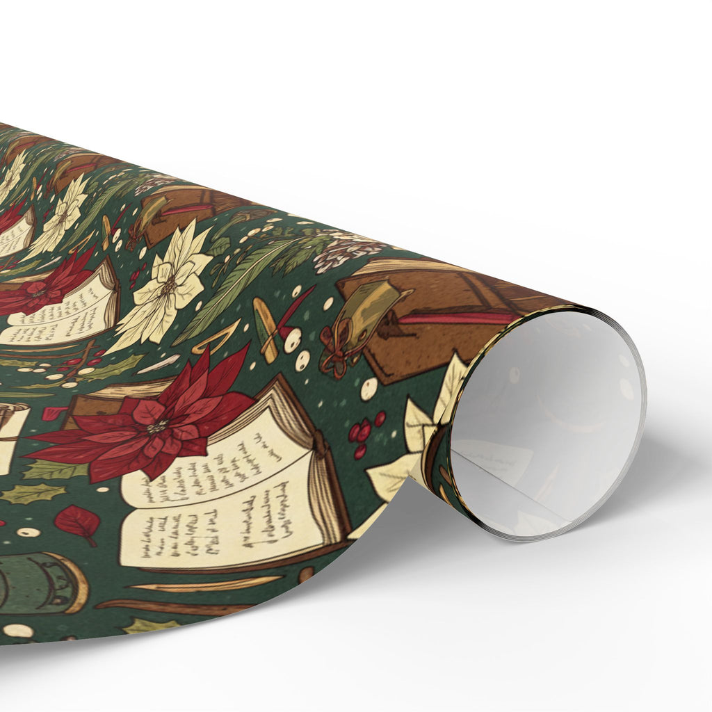 Christmas Book Wrapping Paper — Vintage Poinsettia & Books Gift Wrap