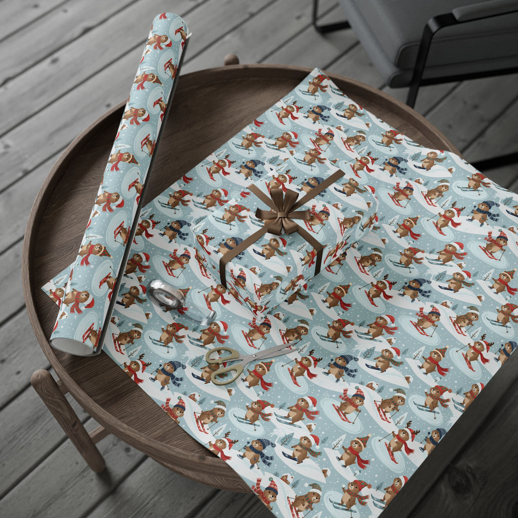 Christmas Sloth Wrapping Paper Roll — Cute Winter Sloths on Light Blue Holiday Gift Wrap