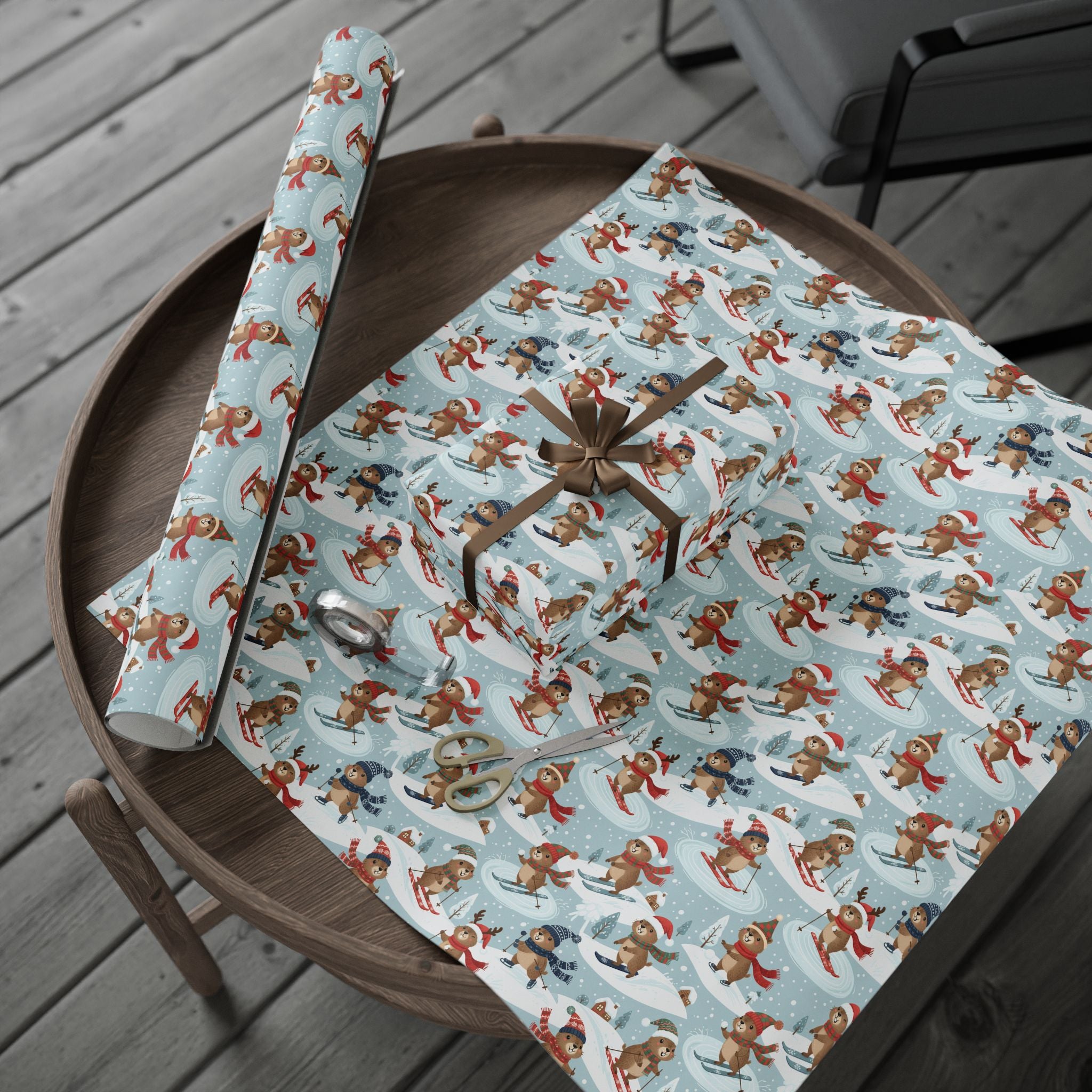 Christmas Sloth Wrapping Paper Roll — Cute Winter Sloths on Light Blue Holiday Gift Wrap
