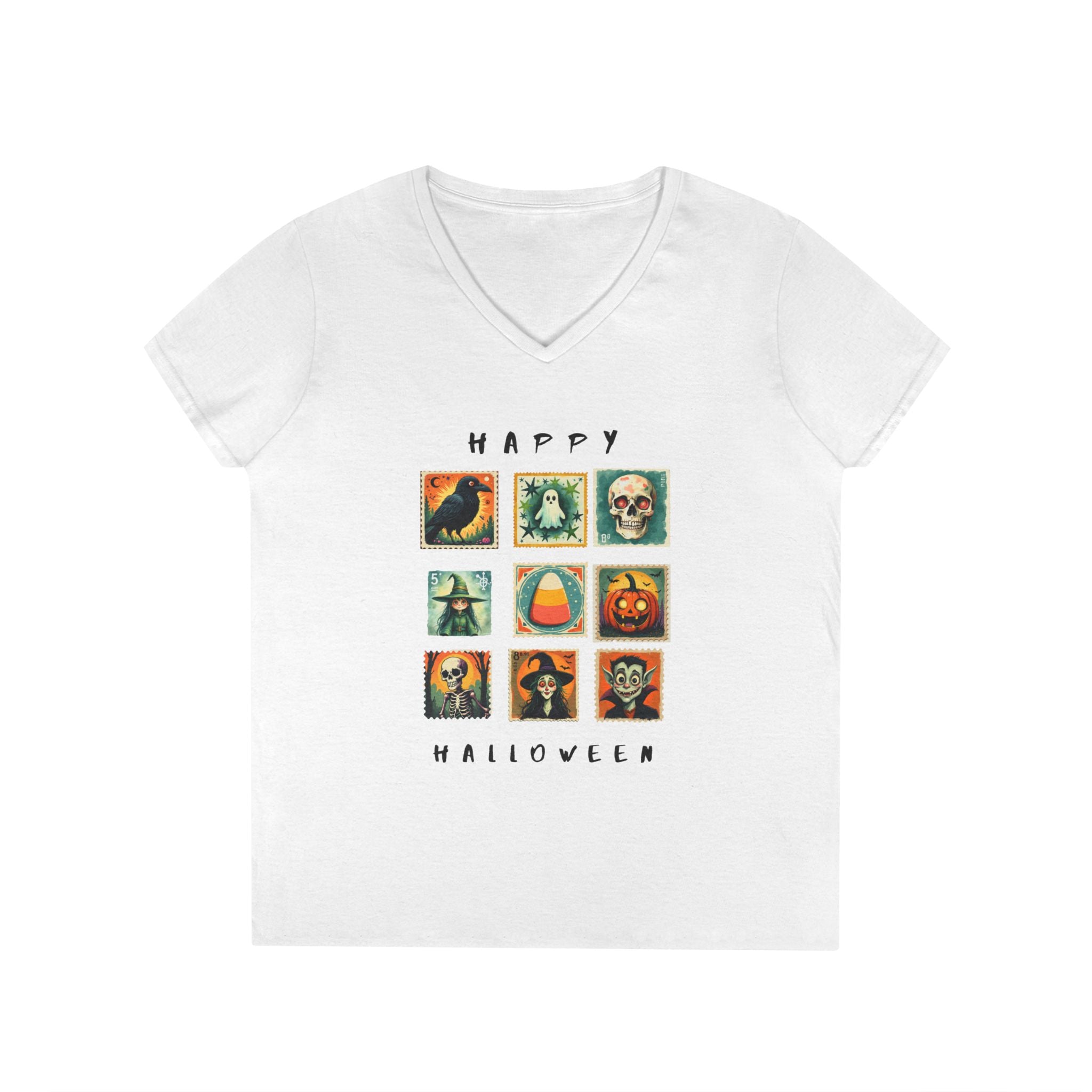Halloween V-Neck T-Shirt, Spooky Tee, Women's Fall Shirt, Trick or Treat Top, Halloween Costume, Ghostly Vibes, Perfect for October