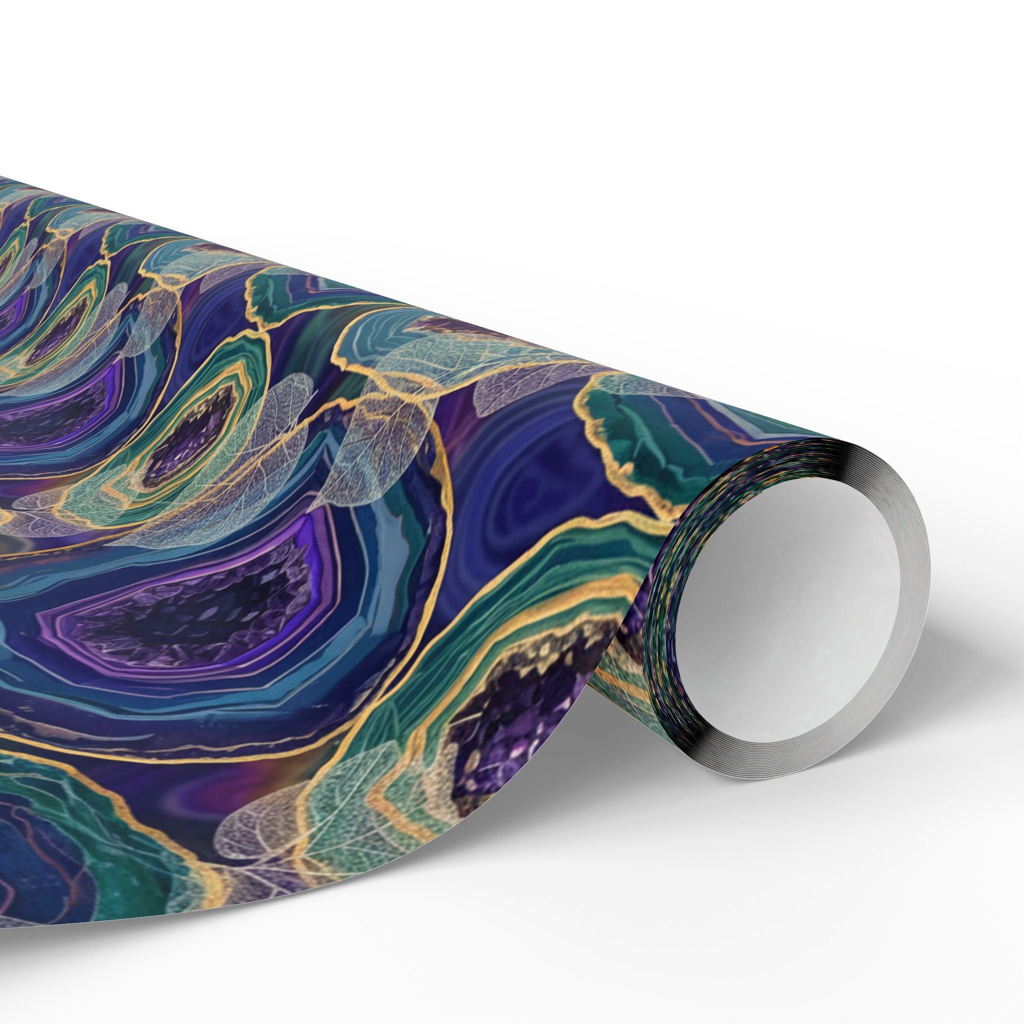 Agate Swirl Wrapping Paper — Blue & Teal Geode Gift Wrap with Leaves
