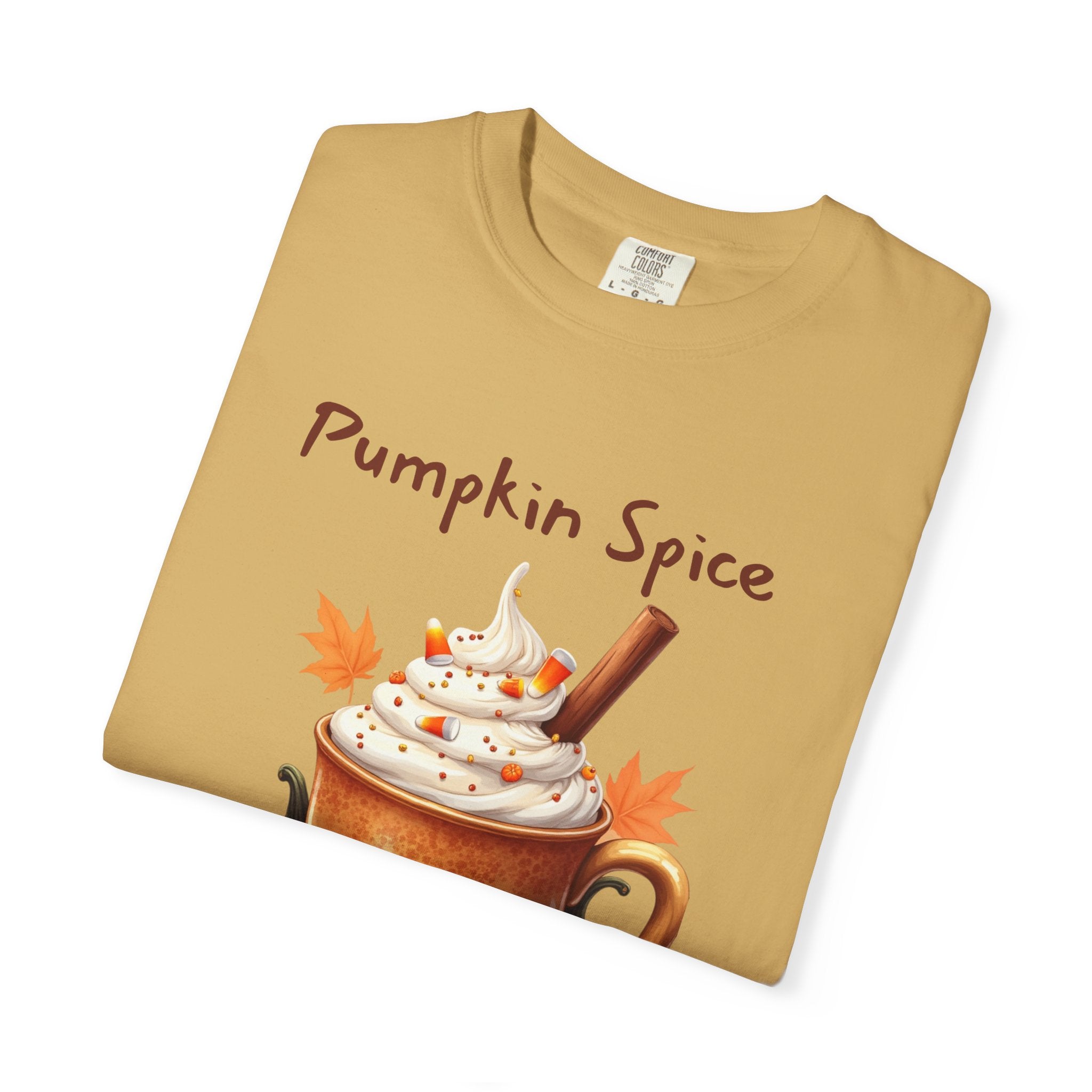 Pumpkin Spice Y'all-  shows a mug with whipped cream, a cinnamon stick, candy corn, pumpkins, and autumn leaves