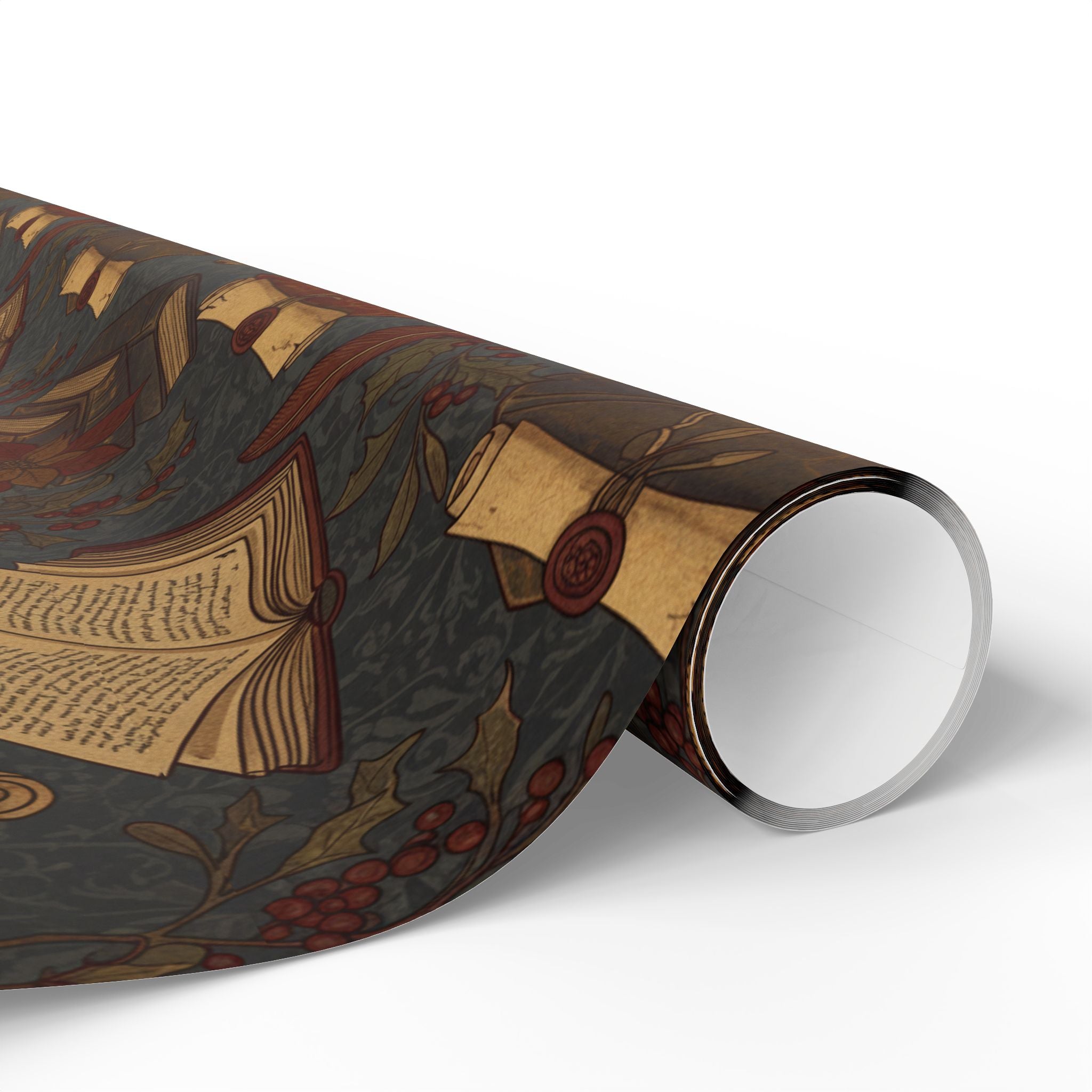Dark Academia Vintage Holiday Book & Holly Wrapping Paper Roll