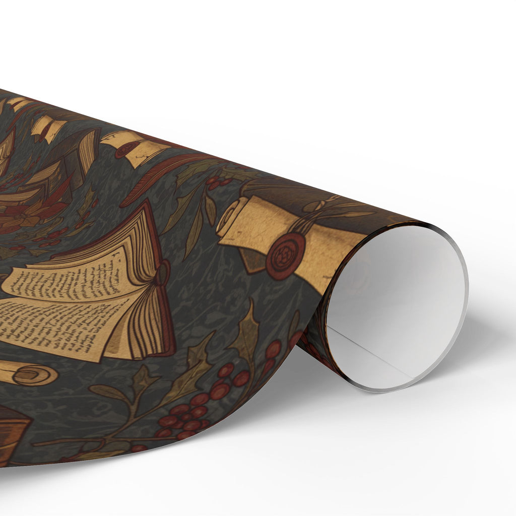Dark Academia Vintage Holiday Book & Holly Wrapping Paper Roll