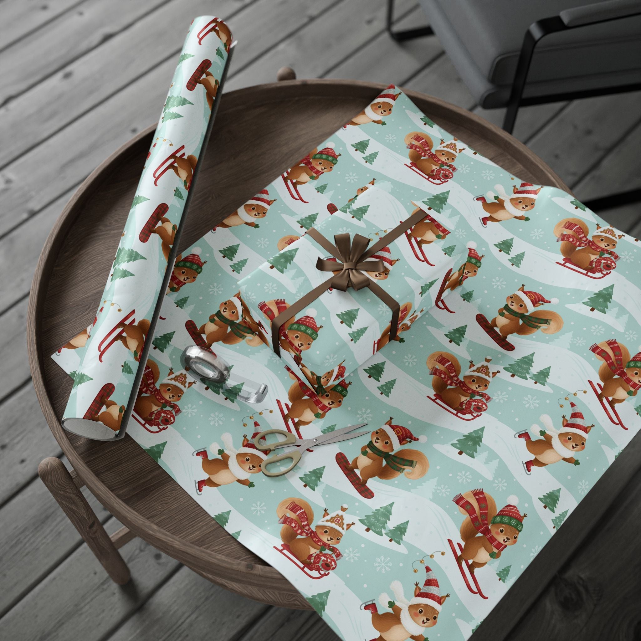 Christmas Squirrel Wrapping Paper - Cute Holiday Gift Wrap with Sledding Squirrels