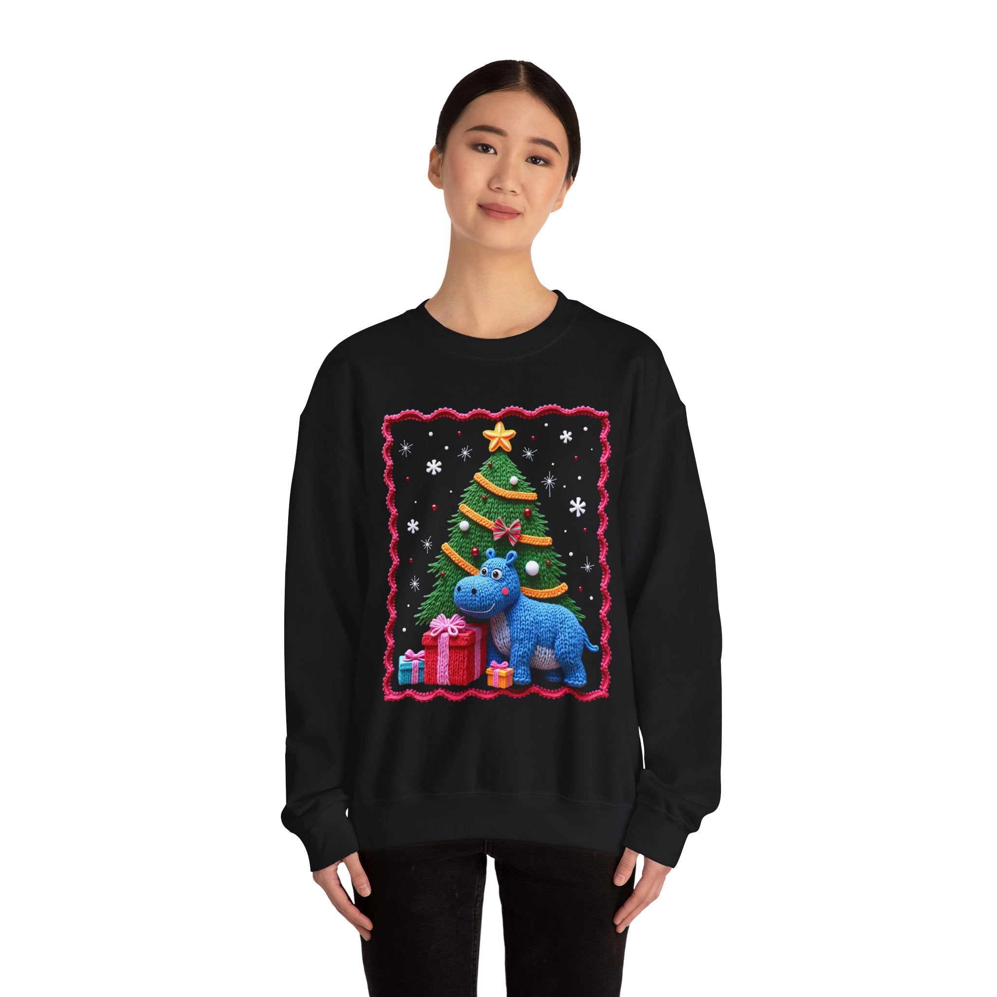 Ugly Christmas Hippo Crewneck Sweatshirt — Cute Holiday Tree & Presents Design