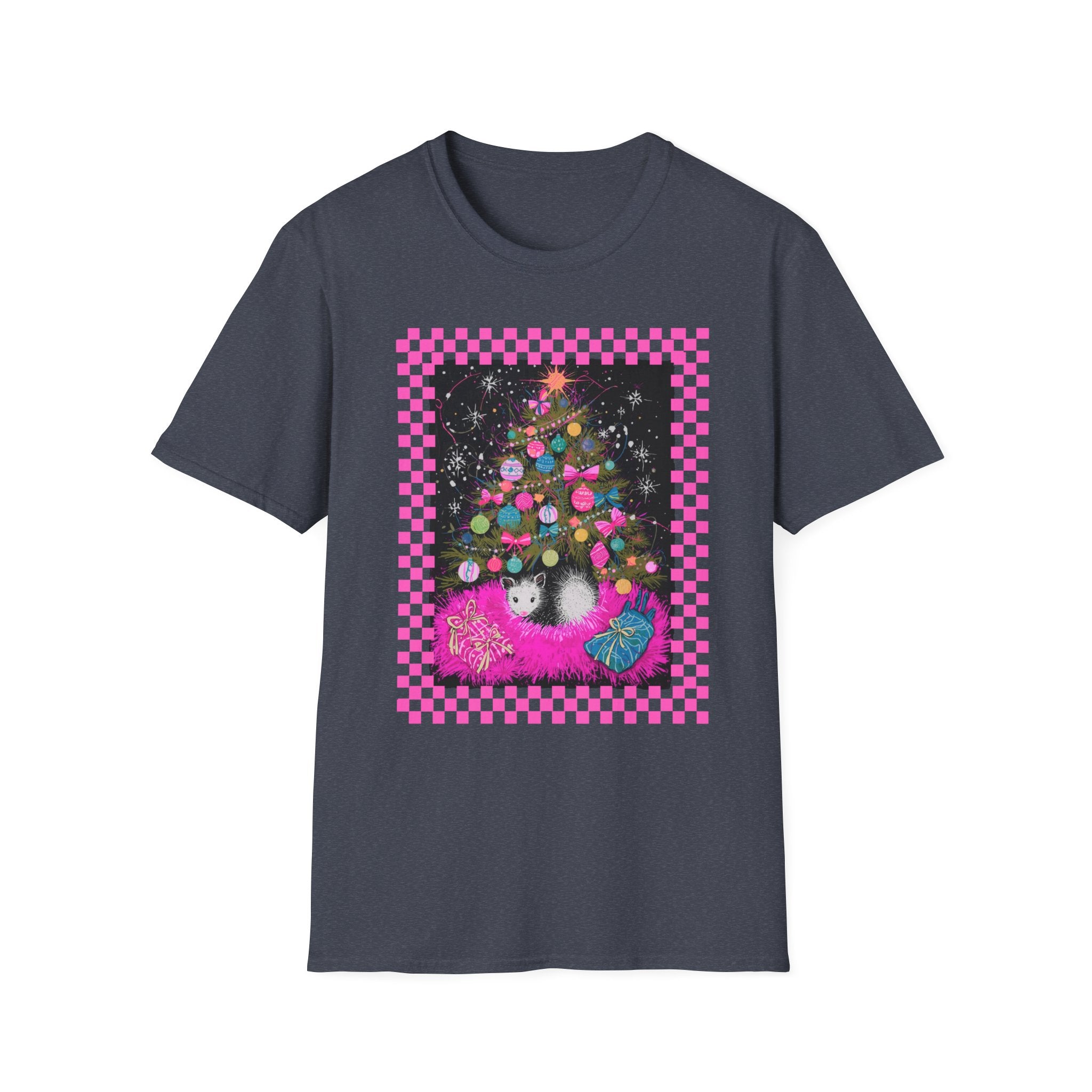 Christmas Possum Tree T-Shirt — Pink Checkerboard Holiday Possum Tee