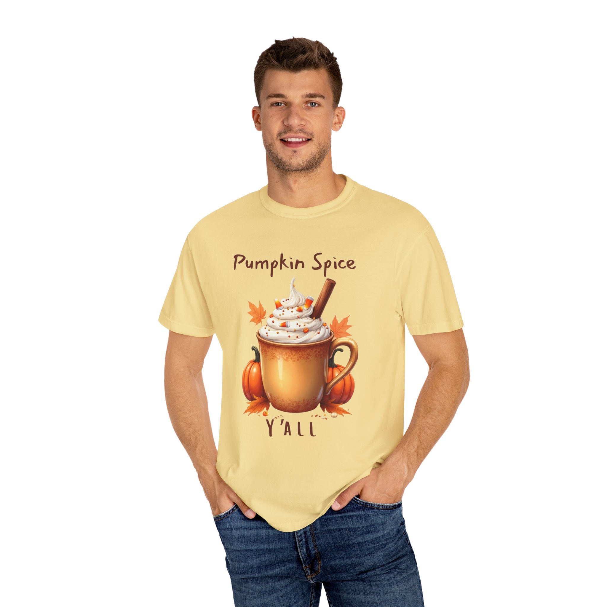 Pumpkin Spice Y'all-  shows a mug with whipped cream, a cinnamon stick, candy corn, pumpkins, and autumn leaves