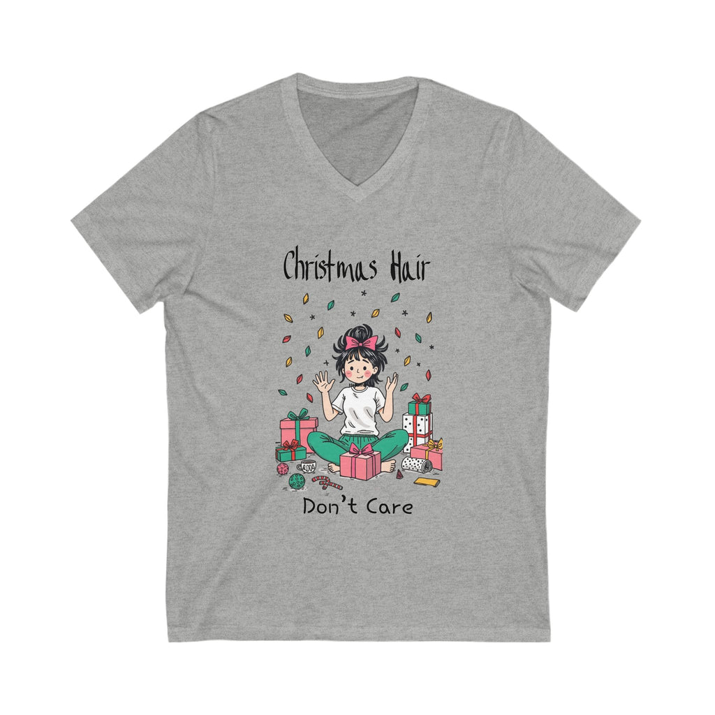 Festive Christmas Hair V-Neck Tee, Holiday T-Shirt, Christmas Gift, Cute Graphic Tee, Casual Wear, Winter Outfit, Gift for Her