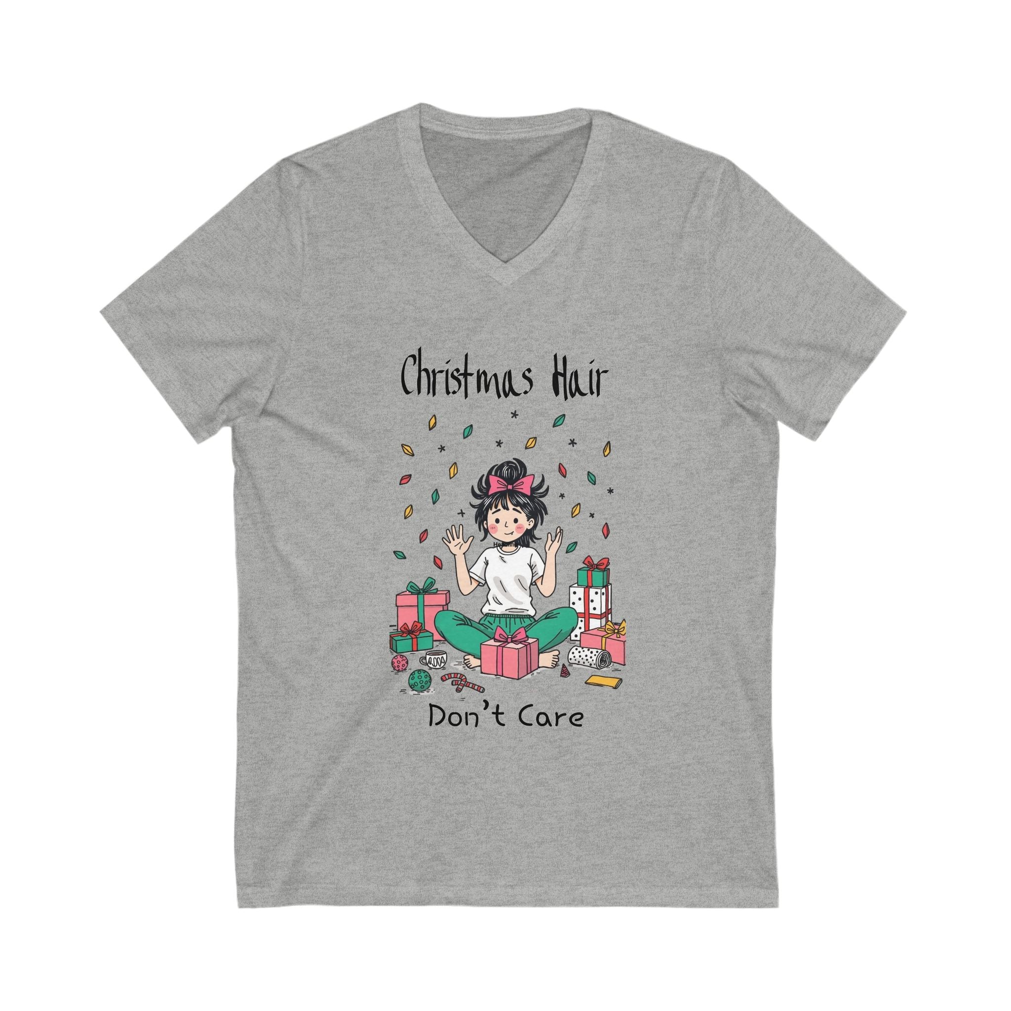 Festive Christmas Hair V-Neck Tee, Holiday T-Shirt, Christmas Gift, Cute Graphic Tee, Casual Wear, Winter Outfit, Gift for Her