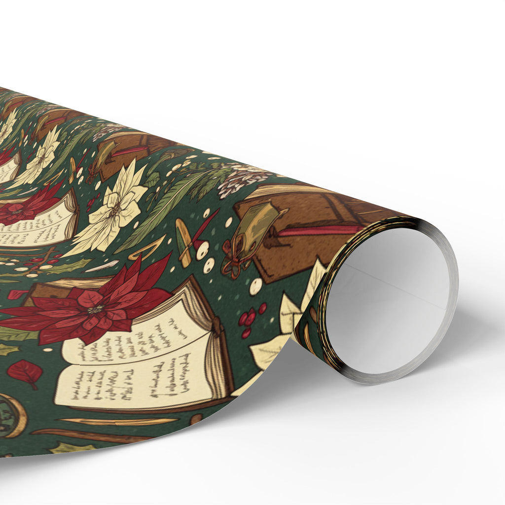 Christmas Book & Poinsettia Wrapping Paper Roll — Vintage Holiday Gift Wrap-Dark Academia