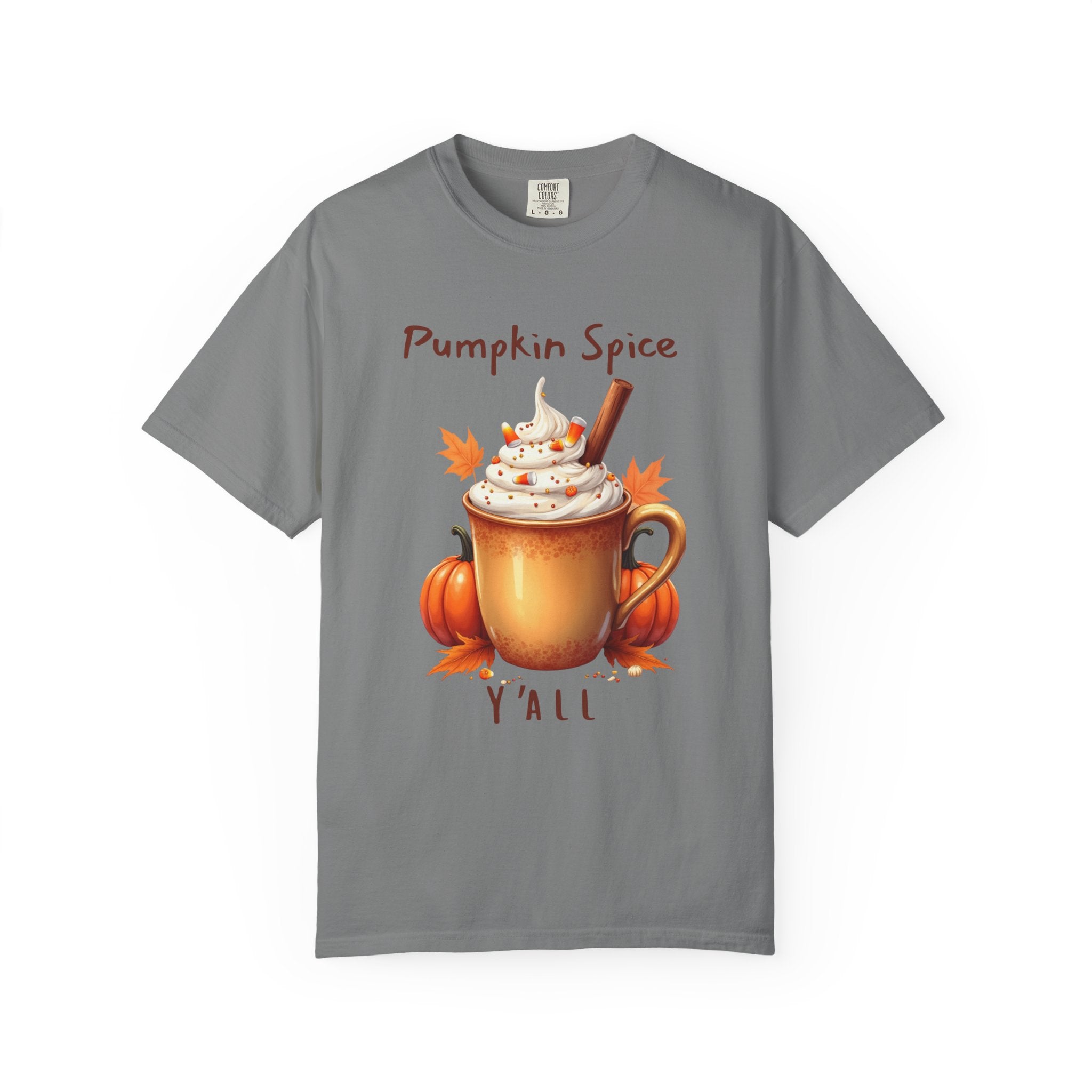 Pumpkin Spice Y'all-  shows a mug with whipped cream, a cinnamon stick, candy corn, pumpkins, and autumn leaves