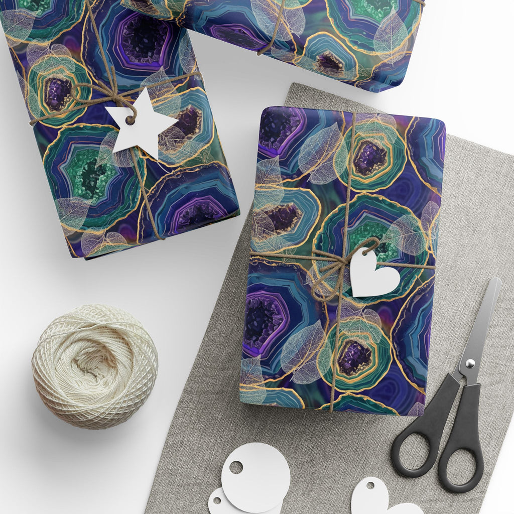 Agate Swirl Wrapping Paper — Blue & Teal Geode Gift Wrap with Leaves
