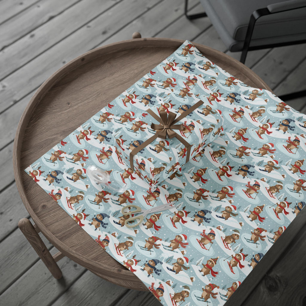 Christmas Sloth Wrapping Paper Roll — Cute Winter Sloths on Light Blue Holiday Gift Wrap