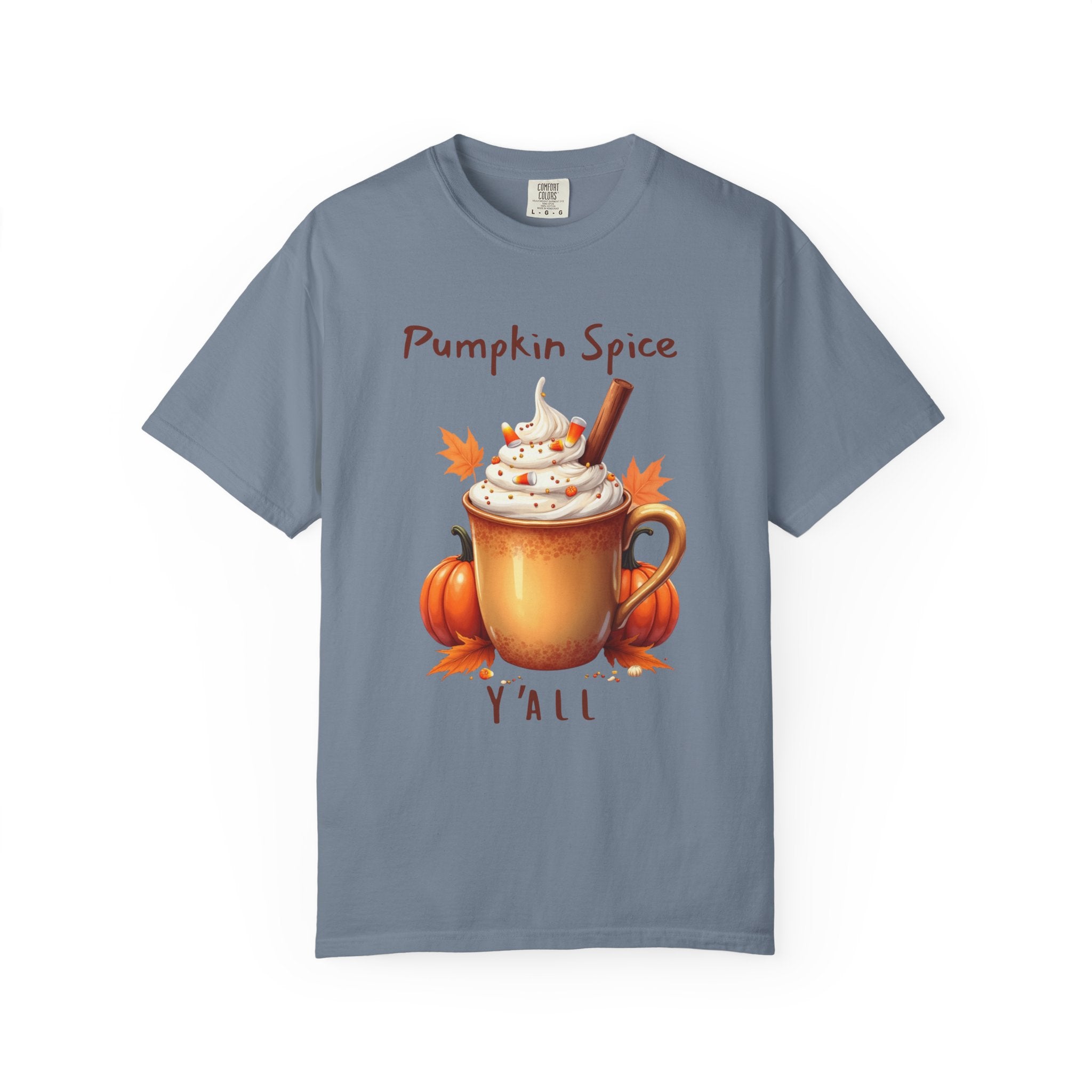 Pumpkin Spice Y'all-  shows a mug with whipped cream, a cinnamon stick, candy corn, pumpkins, and autumn leaves