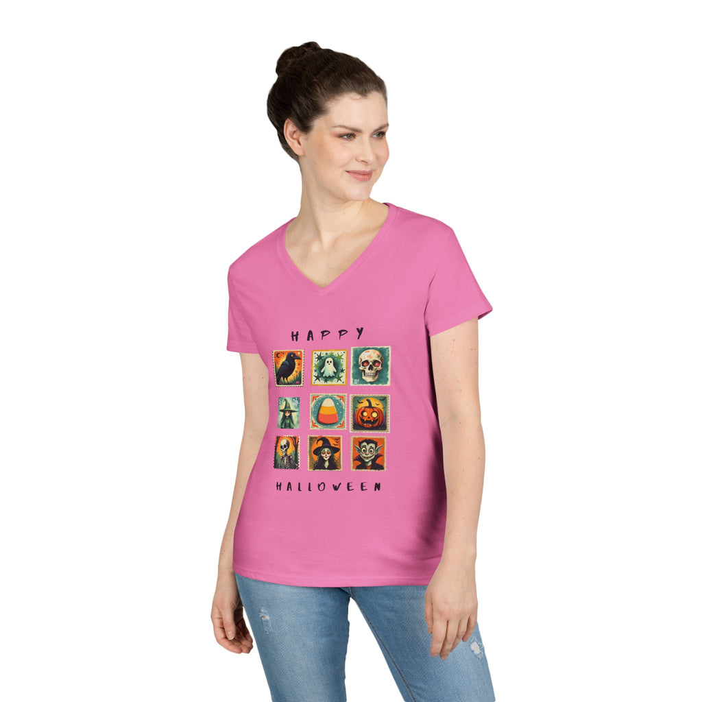 Halloween V-Neck T-Shirt, Spooky Tee, Women's Fall Shirt, Trick or Treat Top, Halloween Costume, Ghostly Vibes, Perfect for October