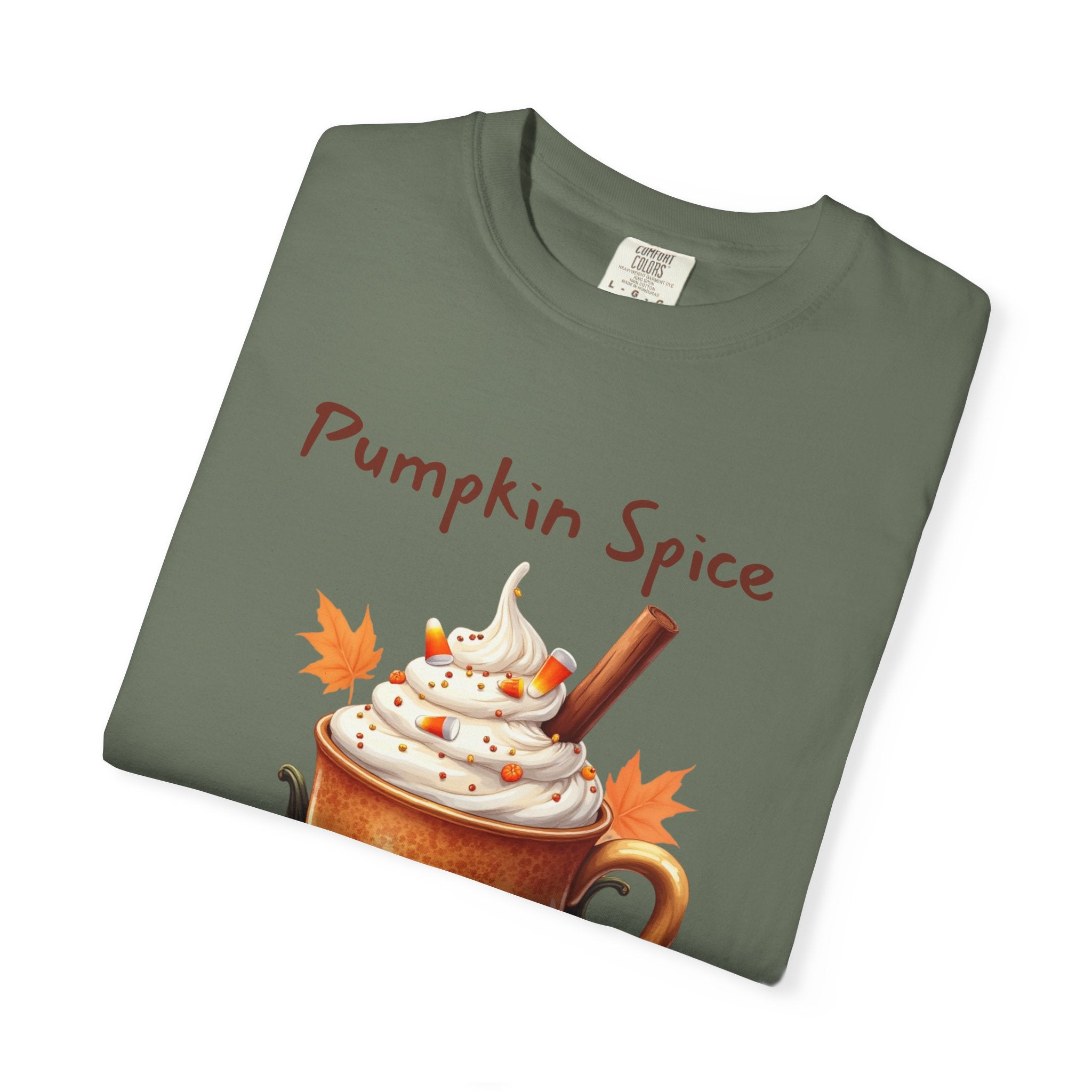 Pumpkin Spice Y'all-  shows a mug with whipped cream, a cinnamon stick, candy corn, pumpkins, and autumn leaves