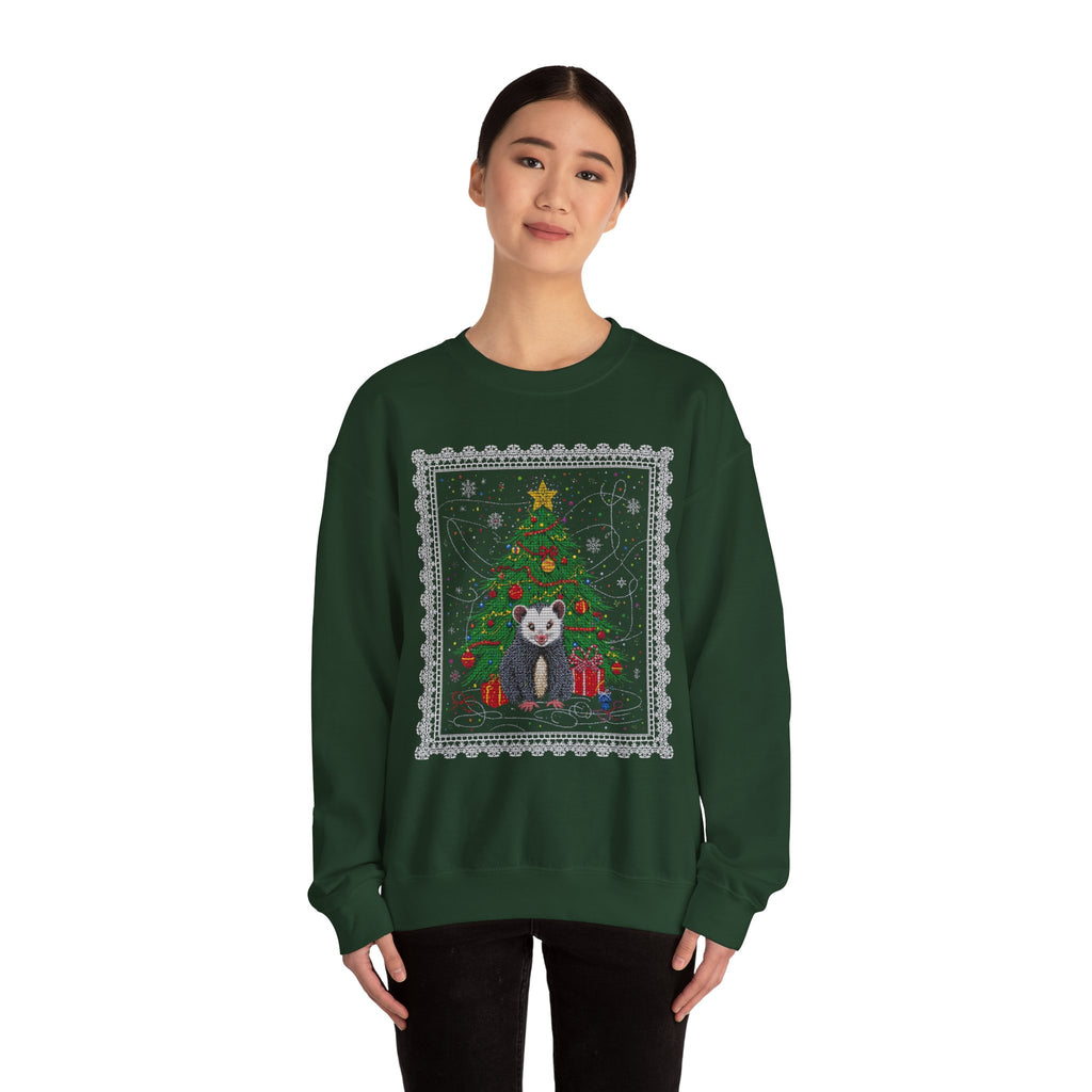Christmas Tree & Possum Crewneck Sweatshirt – Cute Holiday Ugly Sweater Design