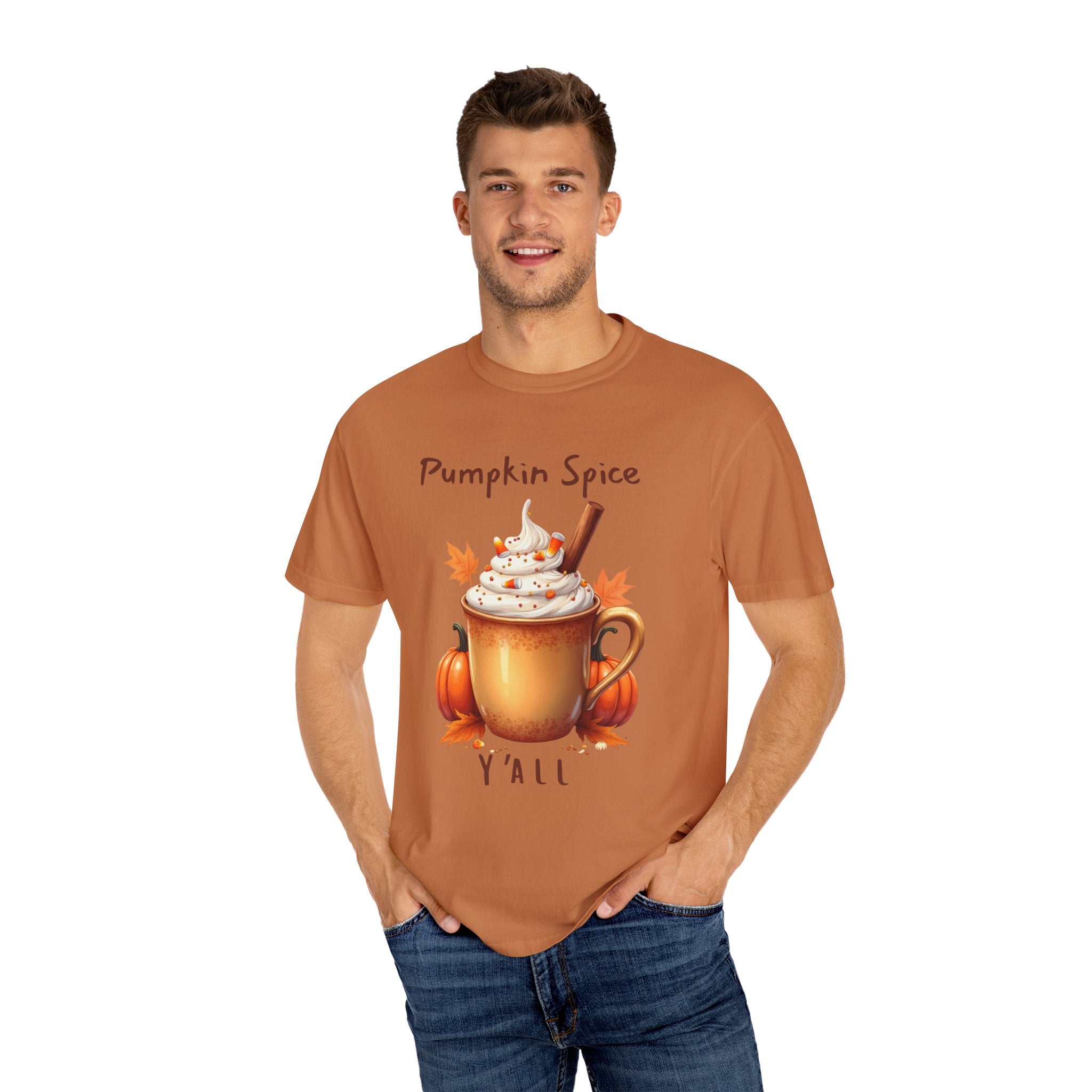 Pumpkin Spice Y'all-  shows a mug with whipped cream, a cinnamon stick, candy corn, pumpkins, and autumn leaves