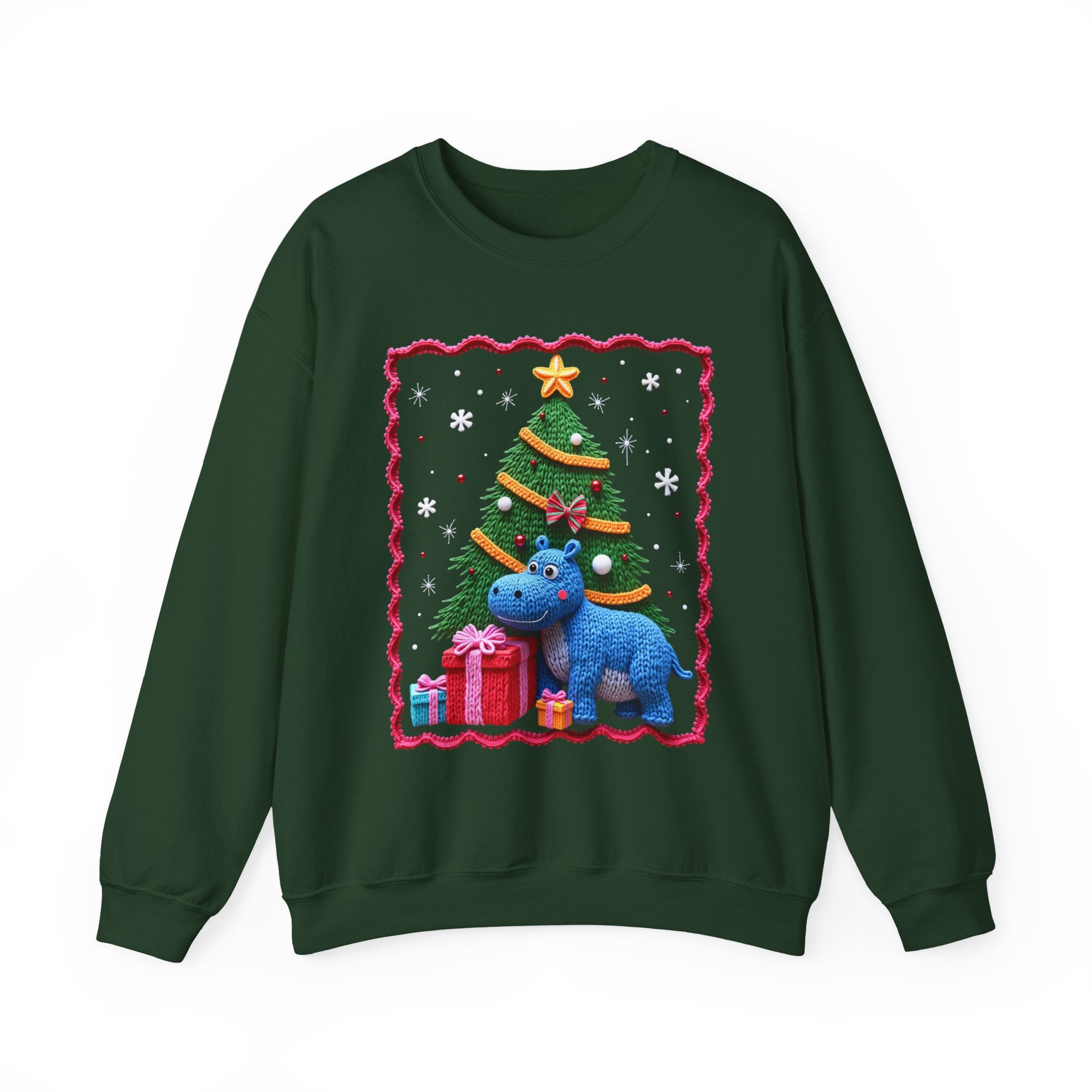 Ugly Christmas Hippo Crewneck Sweatshirt — Cute Holiday Tree & Presents Design