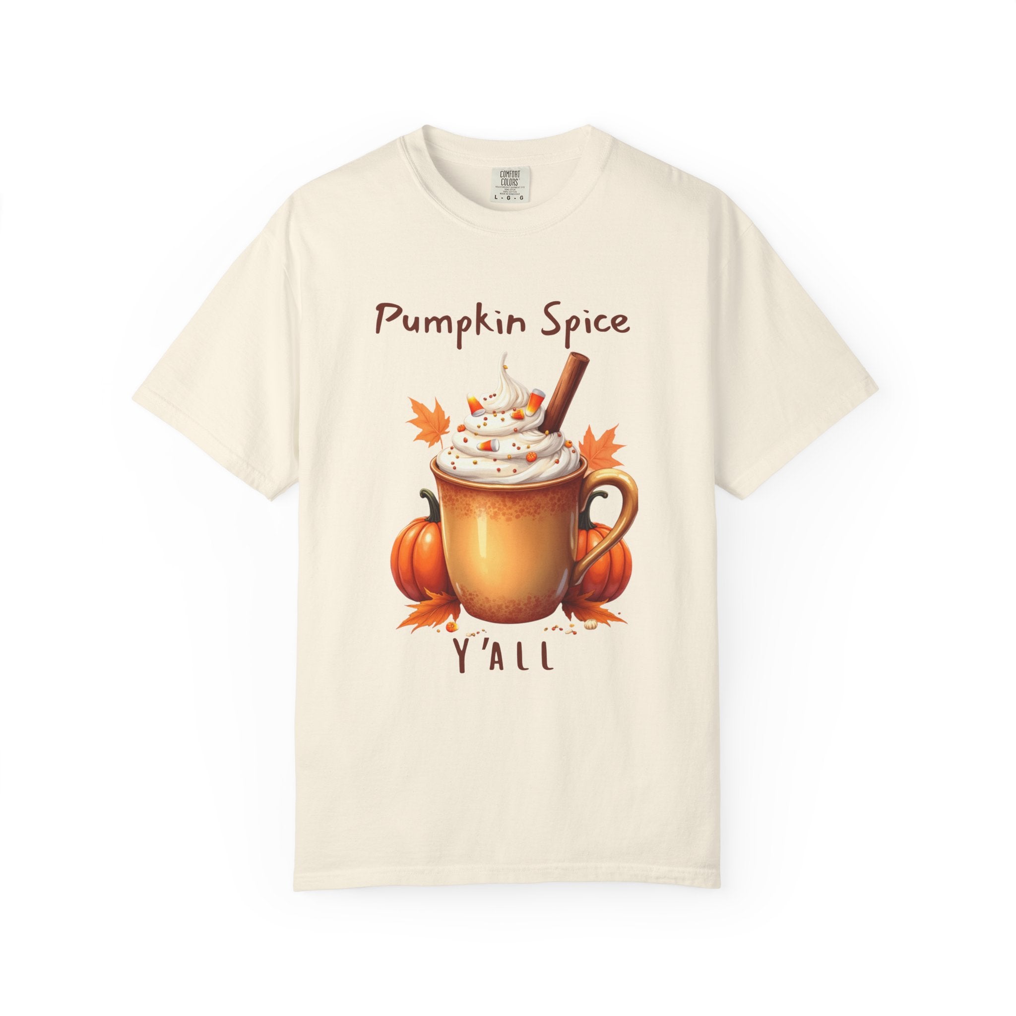 Pumpkin Spice Y'all-  shows a mug with whipped cream, a cinnamon stick, candy corn, pumpkins, and autumn leaves