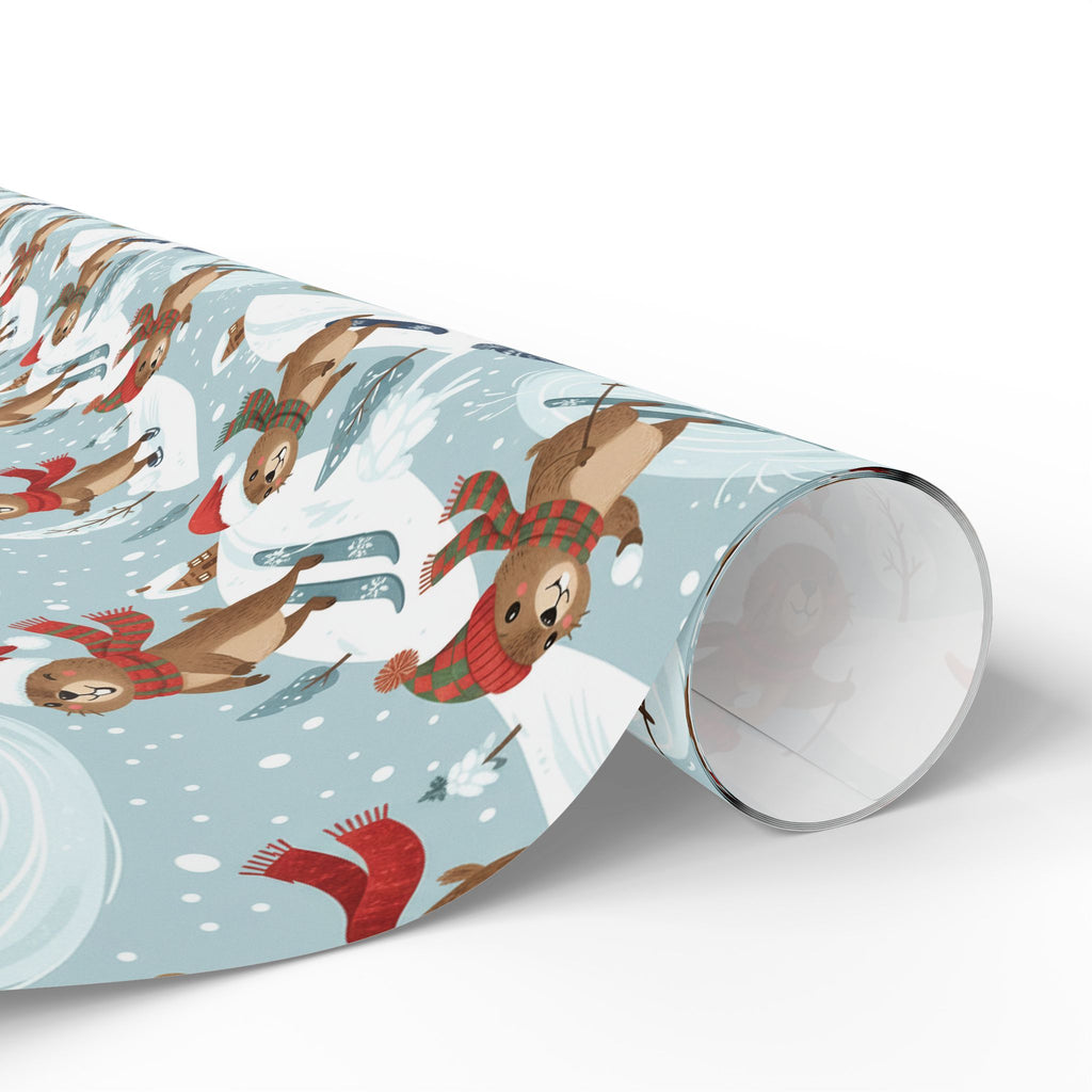 Christmas Sloth Wrapping Paper Roll — Cute Winter Sloths on Light Blue Holiday Gift Wrap