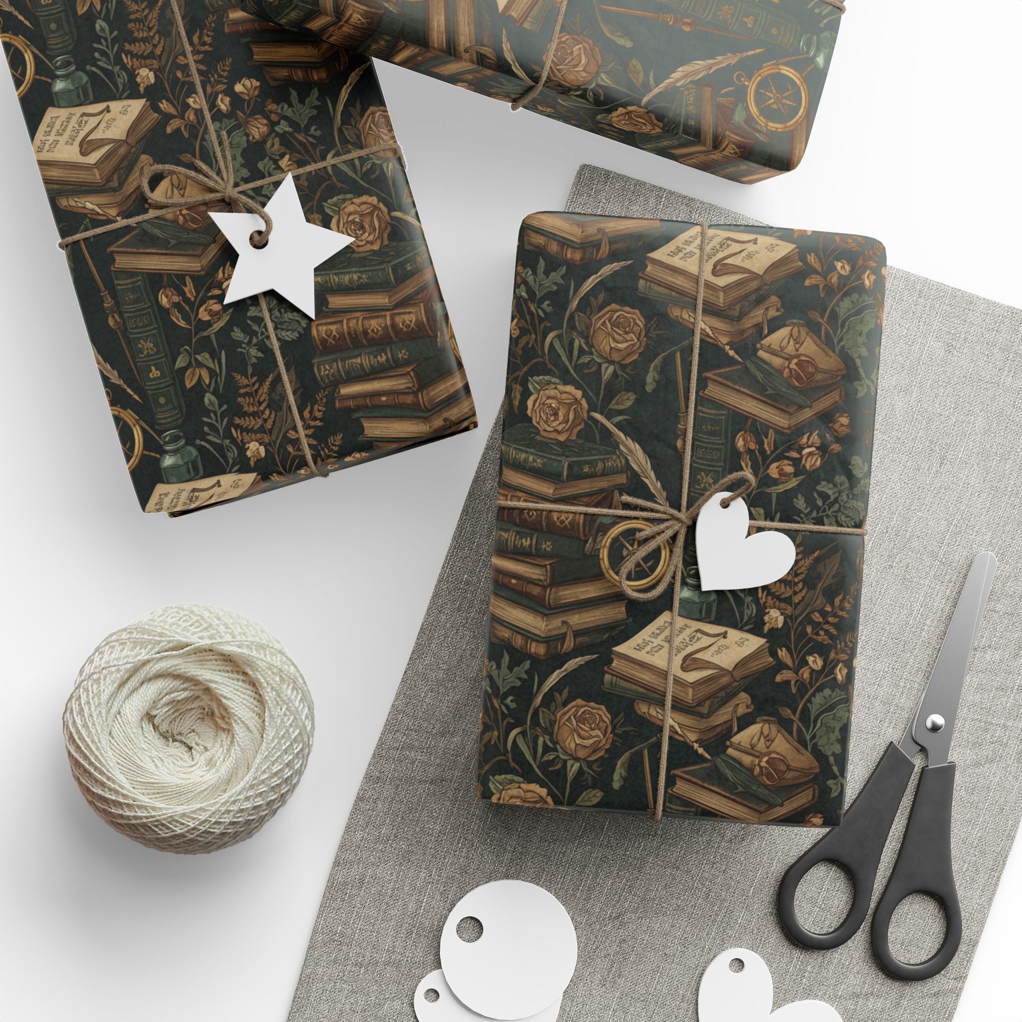 Faded Roses Vintage Books & Botanical Dark Wrapping Paper Roll — Literary Gift Wrap-Dark Academia