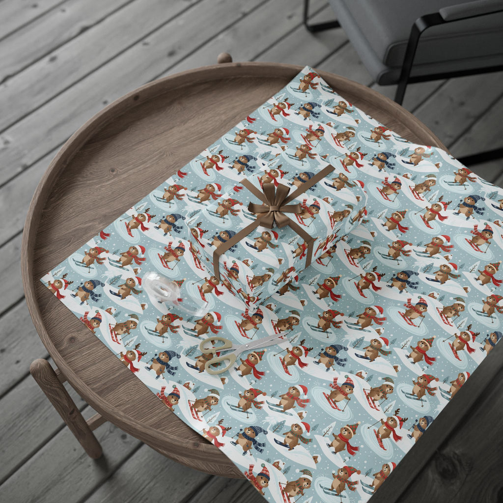 Christmas Sloth Wrapping Paper Roll — Cute Winter Sloths on Light Blue Holiday Gift Wrap