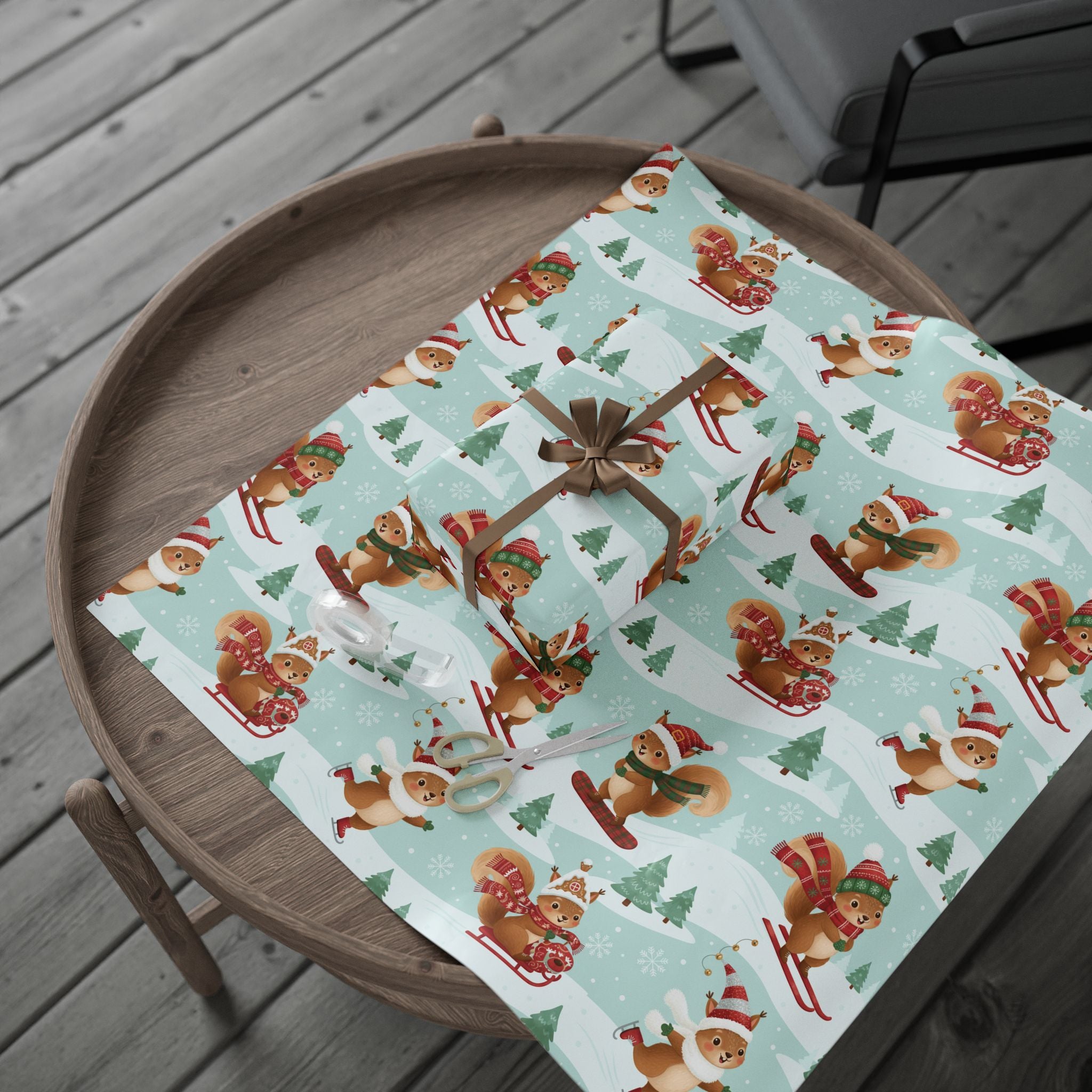 Christmas Squirrel Wrapping Paper - Cute Holiday Gift Wrap with Sledding Squirrels