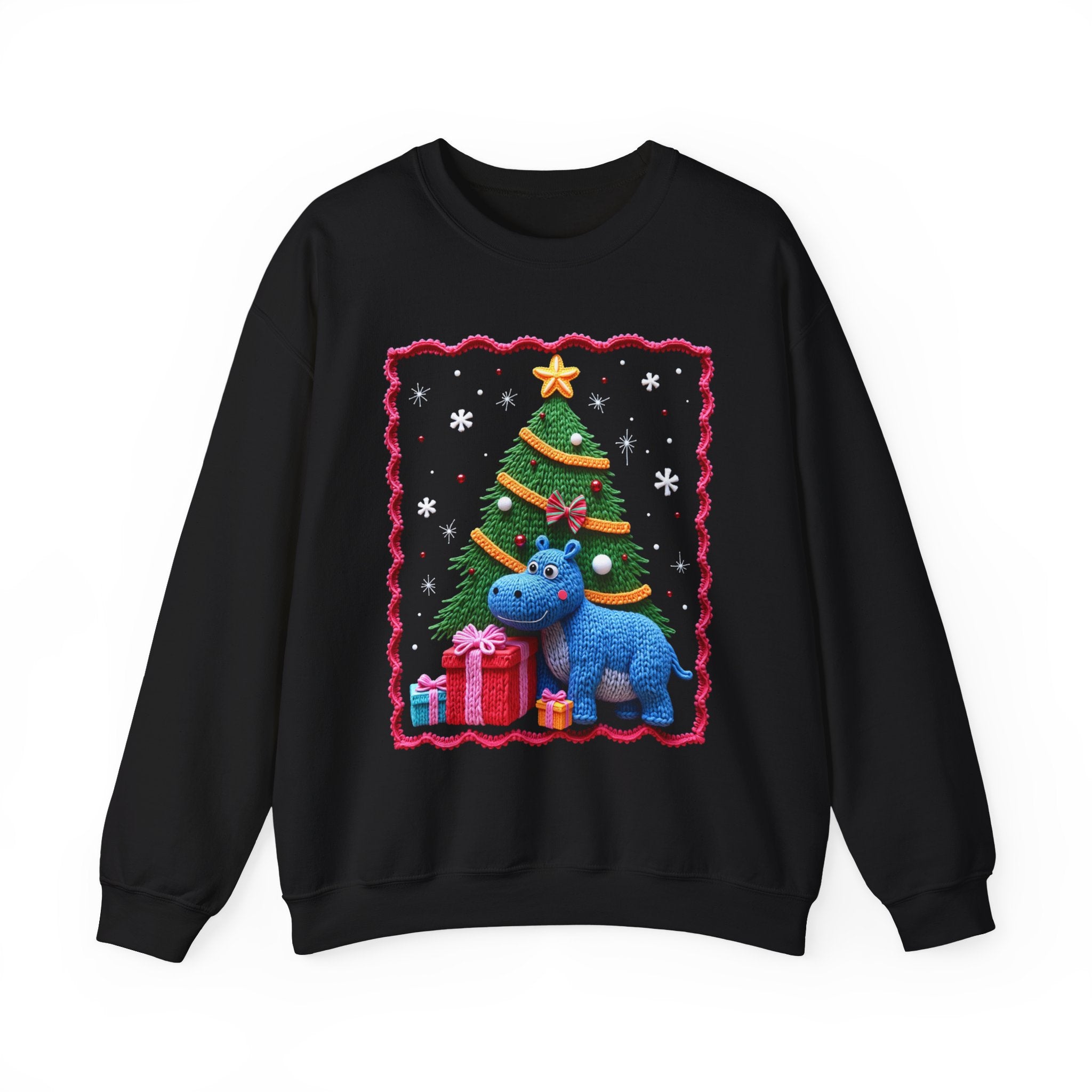 Ugly Christmas Hippo Crewneck Sweatshirt — Cute Holiday Tree & Presents Design