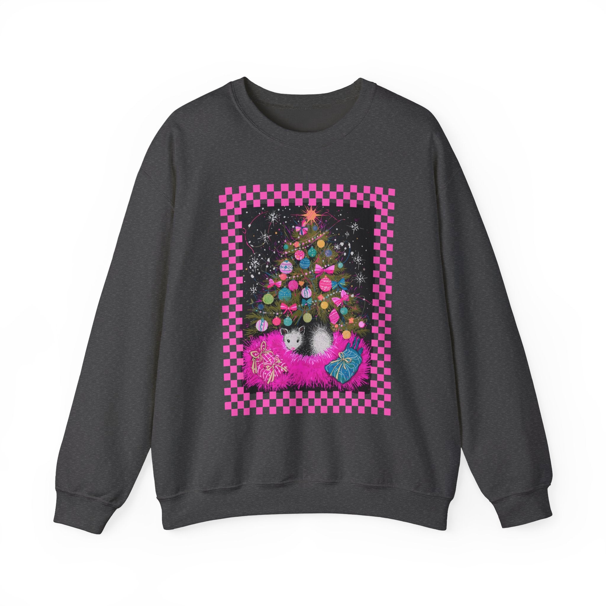 Christmas Possum Crewneck Sweatshirt — Pink Checkerboard Holiday Graphic