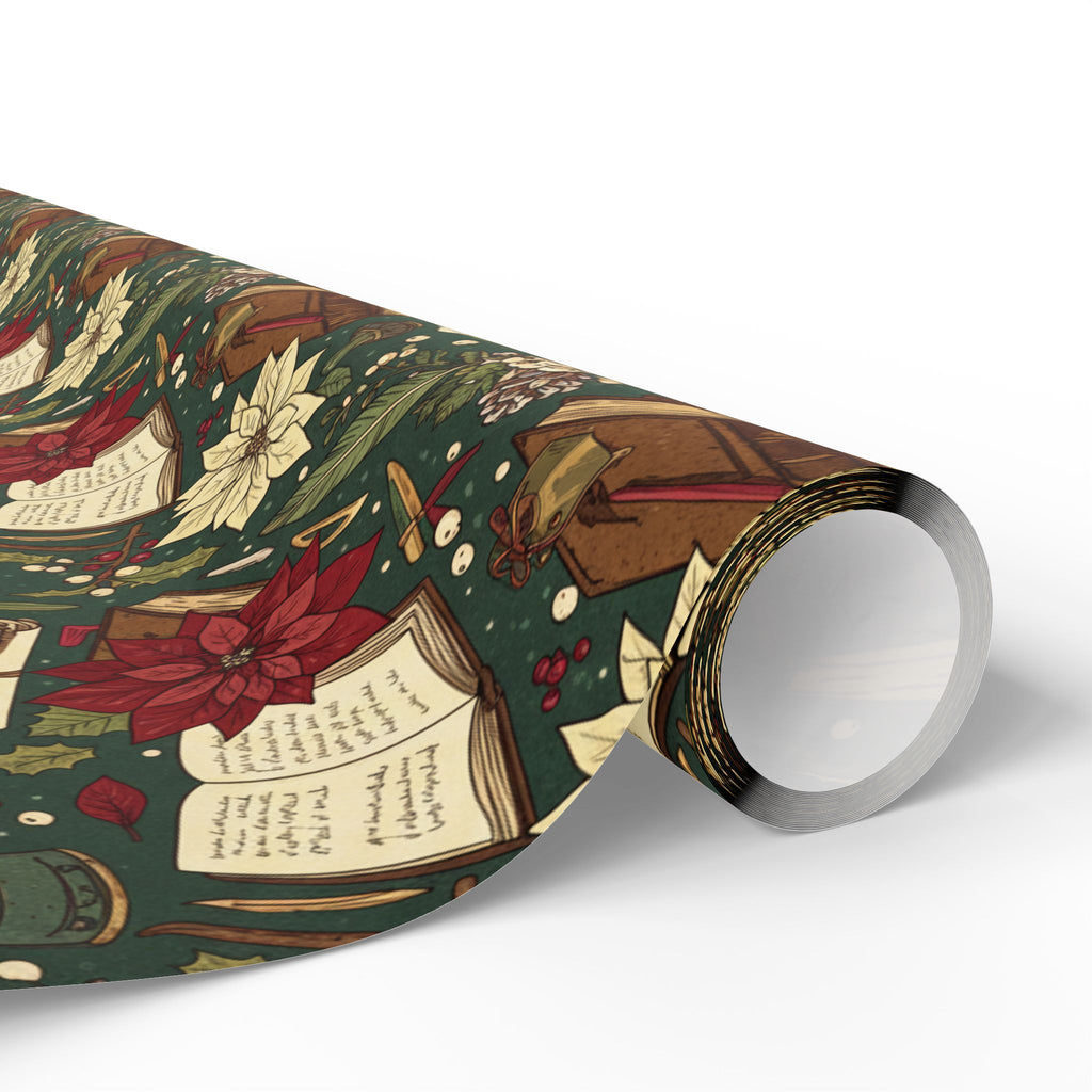 Christmas Book & Poinsettia Wrapping Paper Roll — Vintage Holiday Gift Wrap-Dark Academia