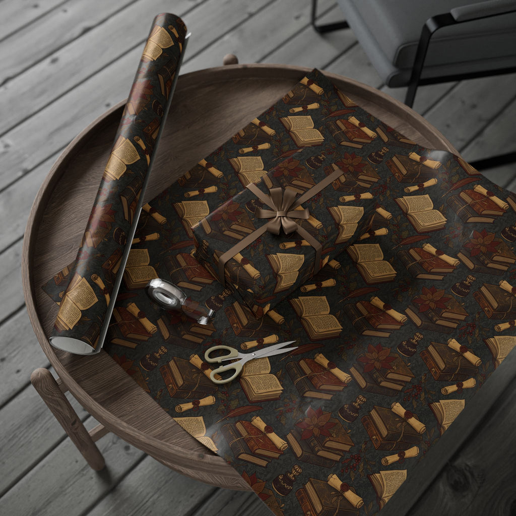 Dark Academia Vintage Holiday Book & Holly Wrapping Paper Roll