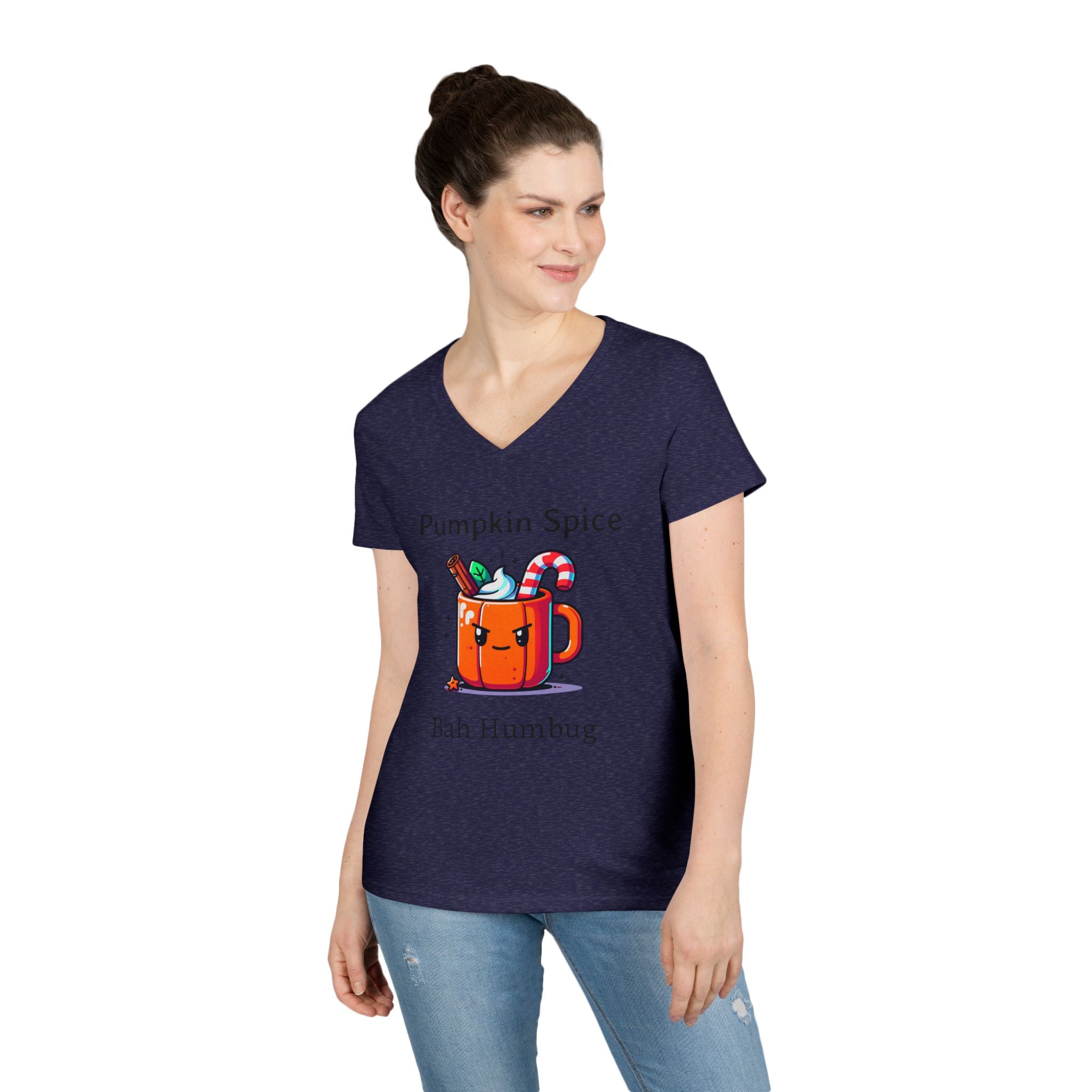 V-Neck T-Shirt Halloween Mug with Pumpkin Spice Bah Humbug
