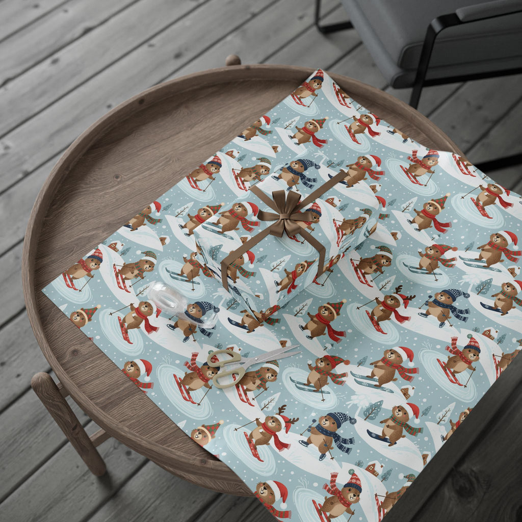 Christmas Groundhog Skiing Wrapping Paper — Cute Winter Holiday Gift Wrap