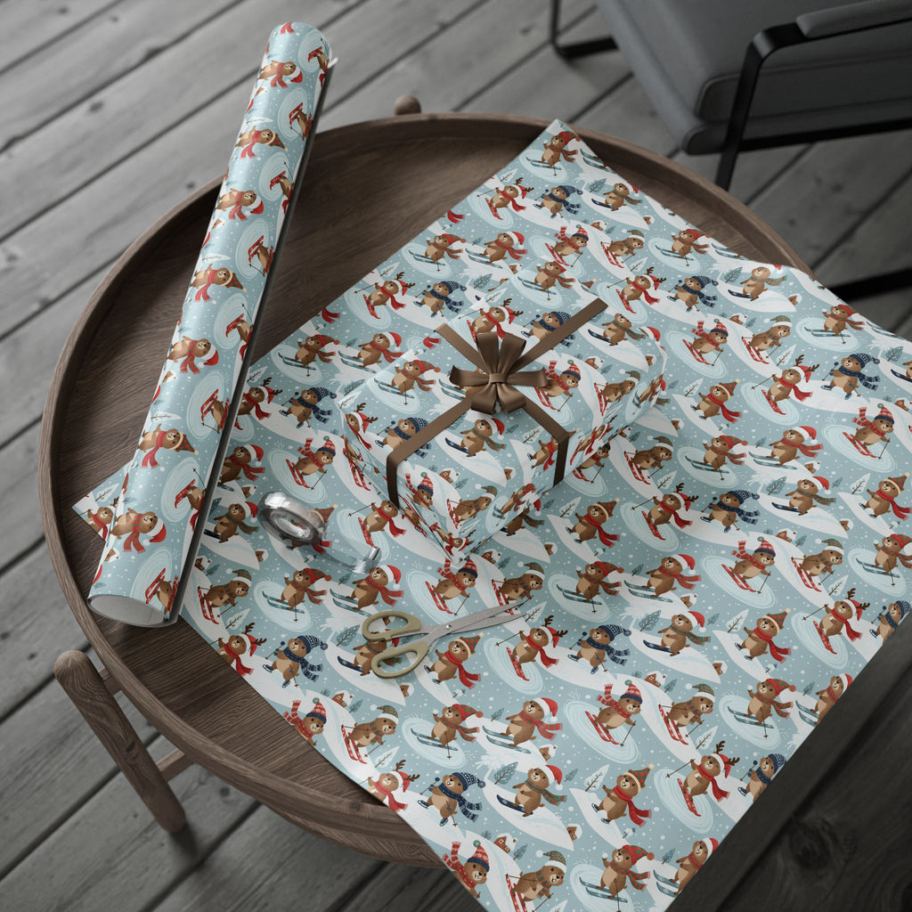 Christmas Sloth Wrapping Paper Roll — Cute Winter Sloths on Light Blue Holiday Gift Wrap