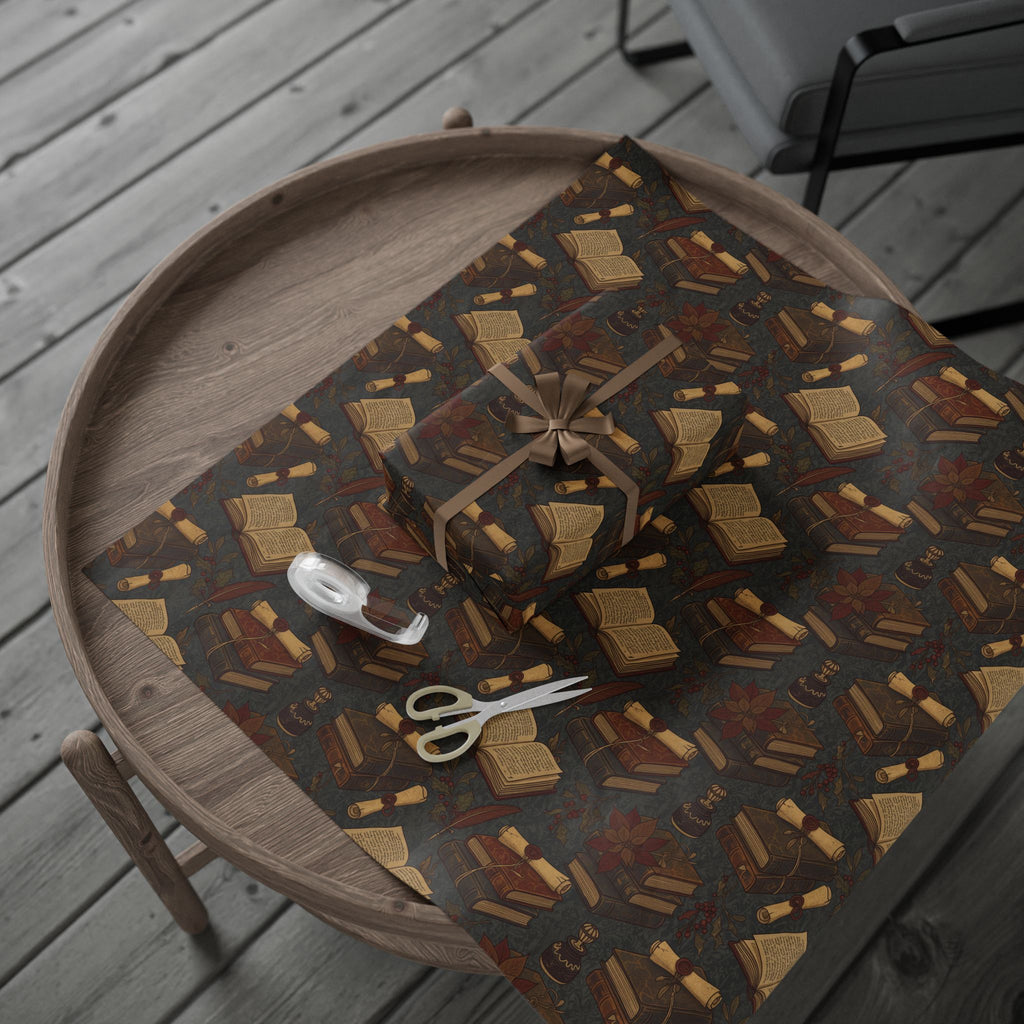 Dark Academia Vintage Holiday Book & Holly Wrapping Paper Roll