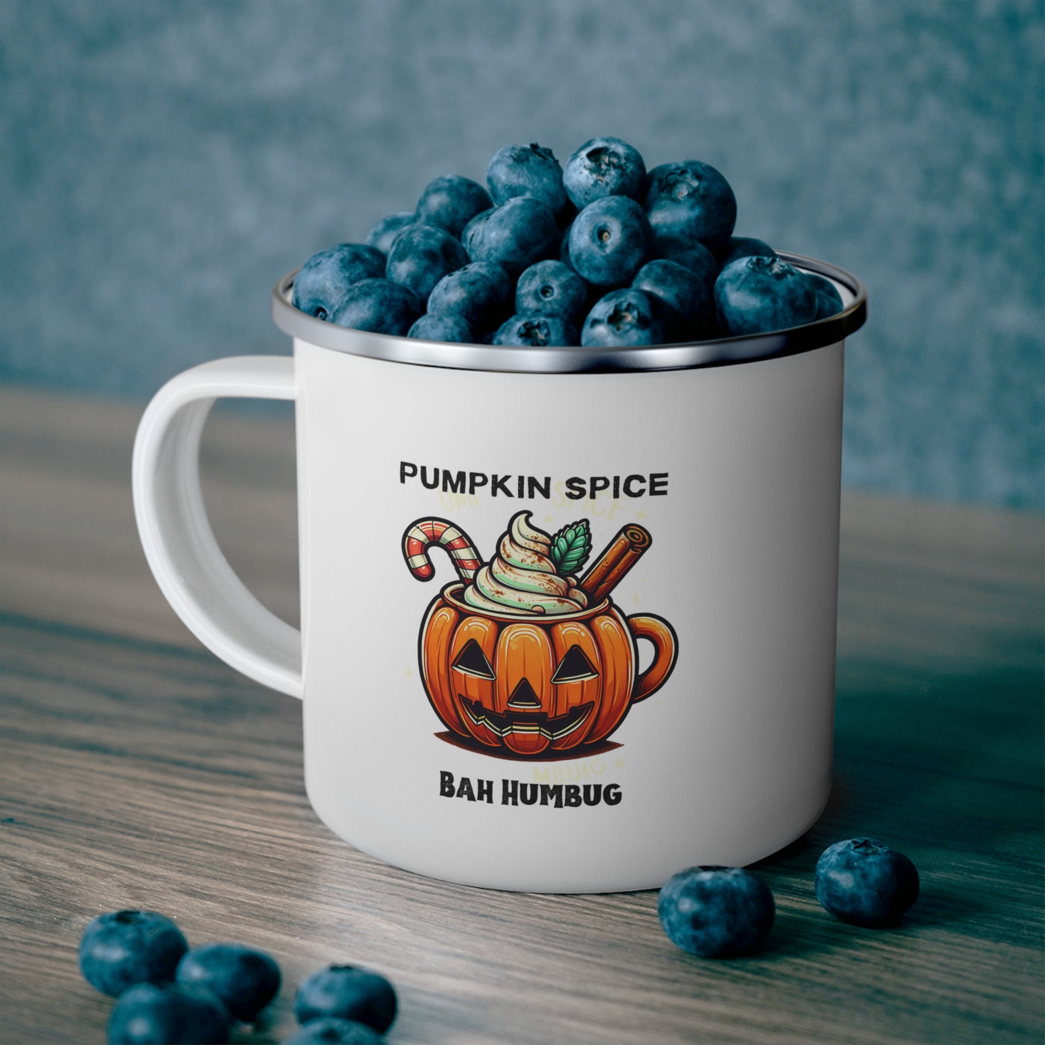 Mug - Pumpkin Spice Bah Humbug Jack o Lantern Enamel Camping Mug with Whipped Cream and Cinnamon Stick Design