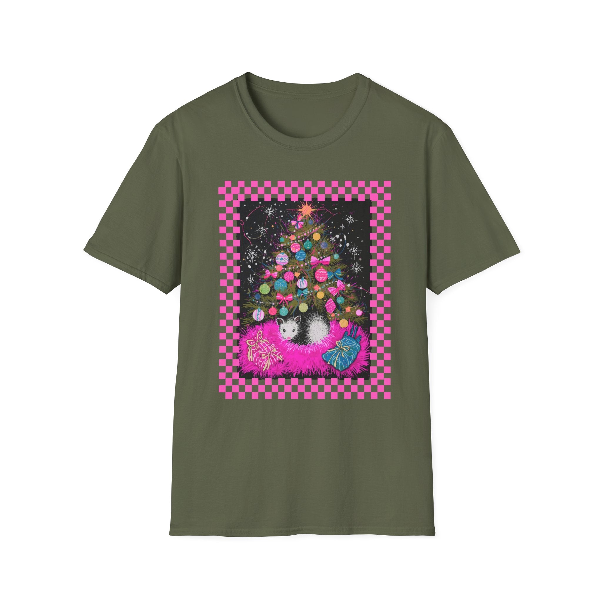 Christmas Possum Tree T-Shirt — Pink Checkerboard Holiday Possum Tee