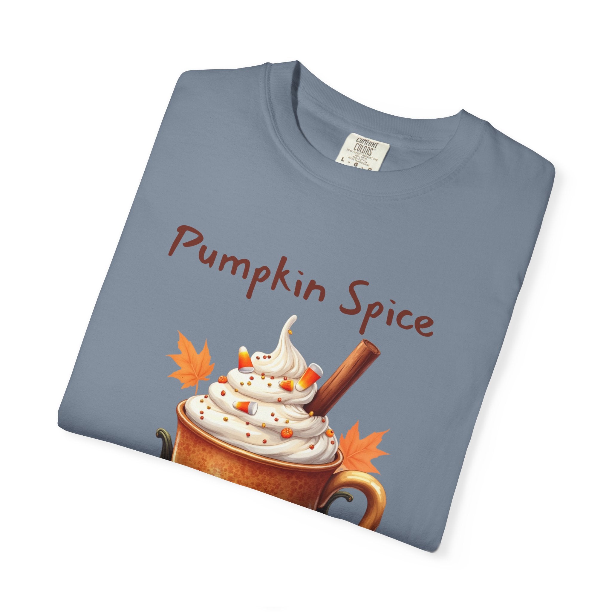 Pumpkin Spice Y'all-  shows a mug with whipped cream, a cinnamon stick, candy corn, pumpkins, and autumn leaves