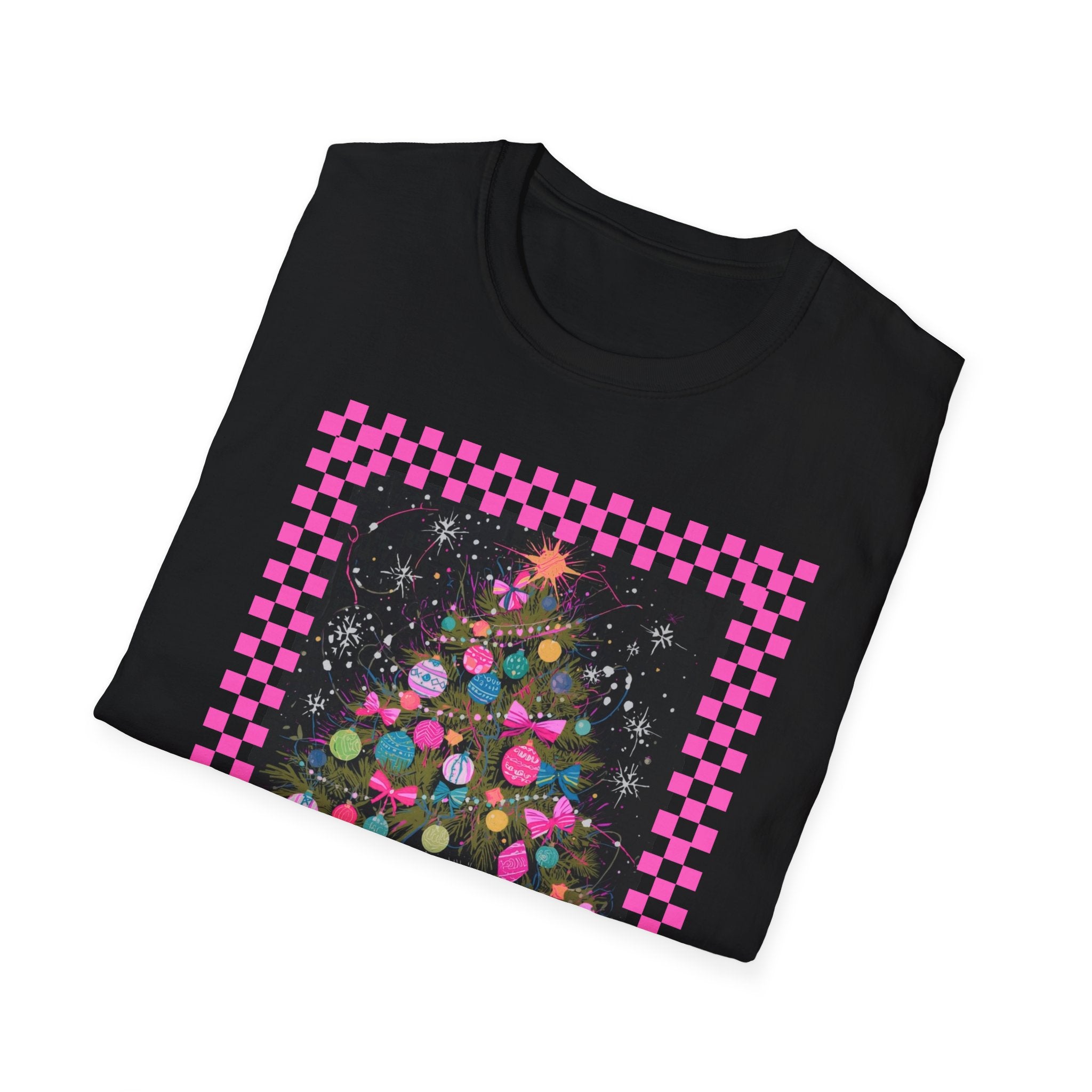 Christmas Possum Tree T-Shirt — Pink Checkerboard Holiday Possum Tee