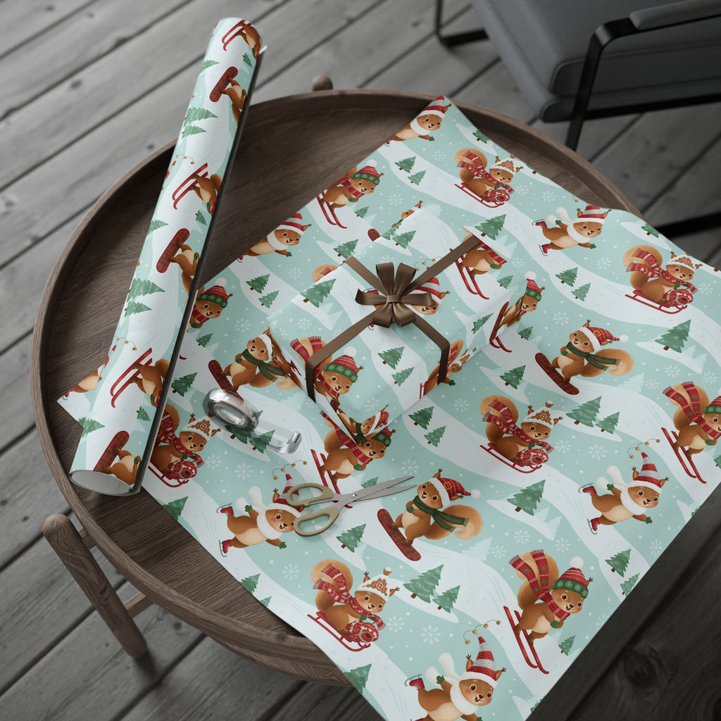 Christmas Squirrel Wrapping Paper - Cute Holiday Gift Wrap with Sledding Squirrels