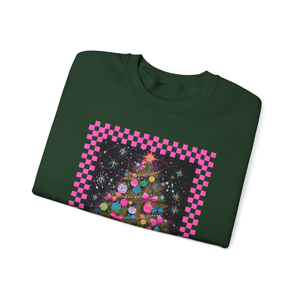 Christmas Possum Crewneck Sweatshirt — Pink Checkerboard Holiday Graphic